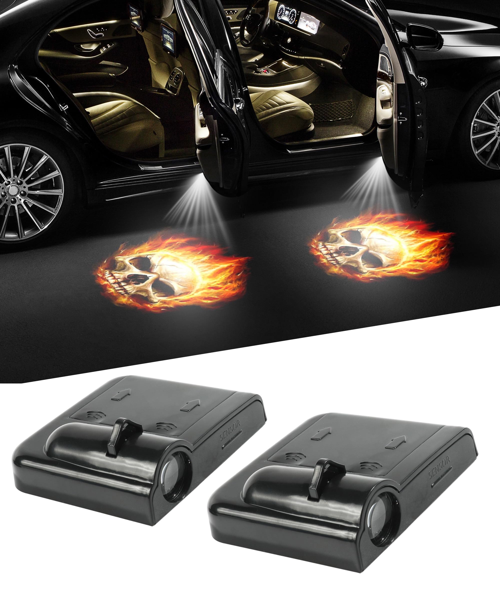 2Pcs Car Door Logo Projector Lights - Fire Skull Design for Night Driving