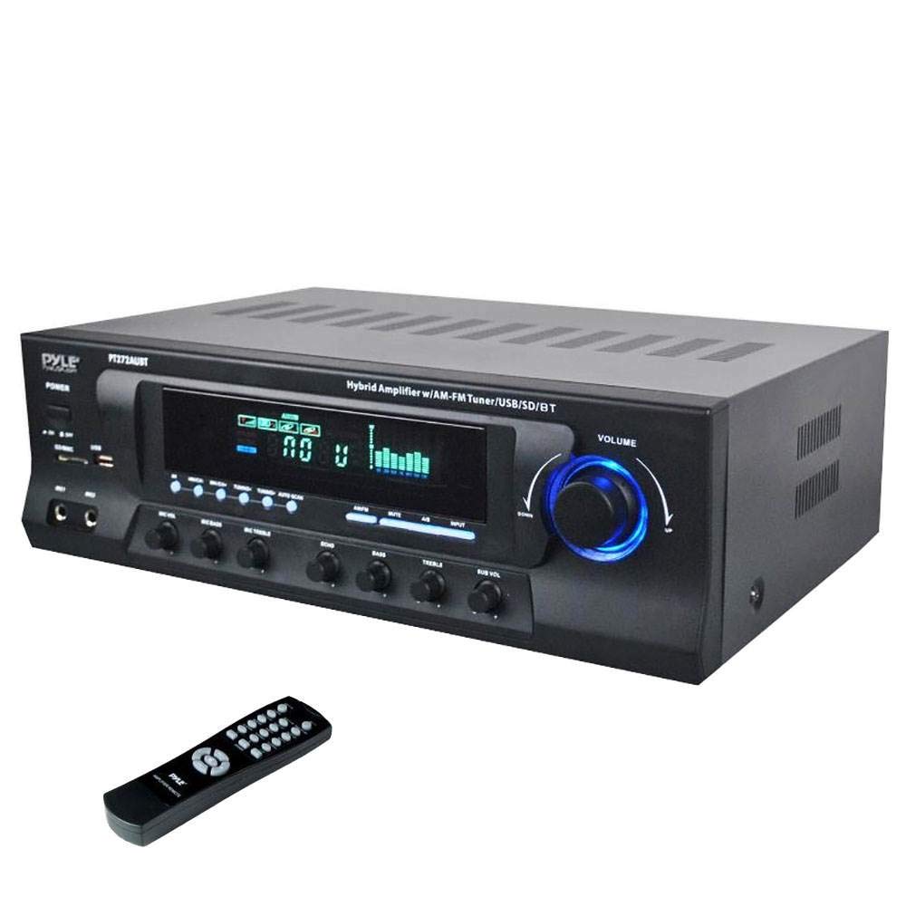 Pyle Wireless Bluetooth Audio Power Amplifier - 300W 4 Channel Home Theater Stereo Receiver with USB, AM/FM Radio, 2 Mic Inputs with Echo, RCA, LED Display, Speaker Selector - Perfect for Studio, Home Theater, Karaoke & Party Use - PT272AUBT (Black)