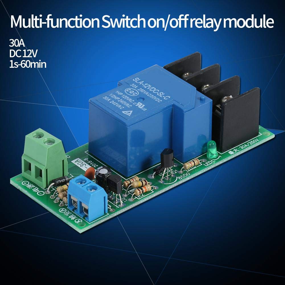12V DC Adjustable Delay Timer Switch Module (0-60min) - 250VAC/30VDC 30A Optocoupler Relay for Home Automation, Industrial Control & DIY Projects