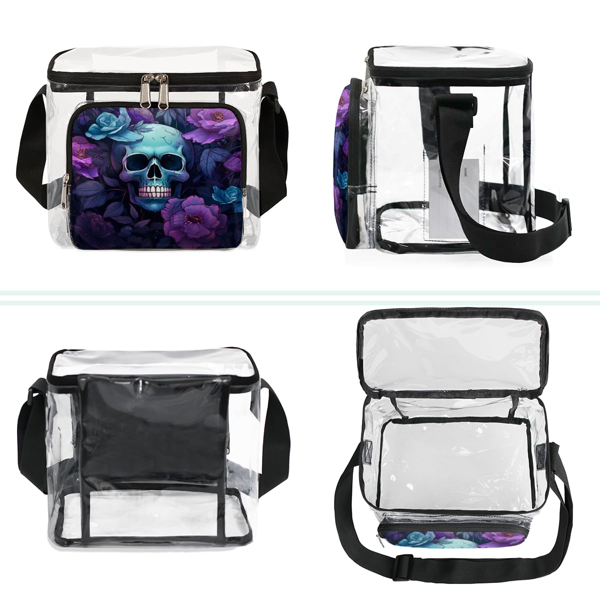 Skull Floral Transparent Tote Bag with Handles - Clear Crossbody Shoulder Bag for Lunch, Travel & Outdoor Activities | Perfect for Picnics, Concerts, Sports Events & Stadium Approved | Fashionable Sugar Skull Design