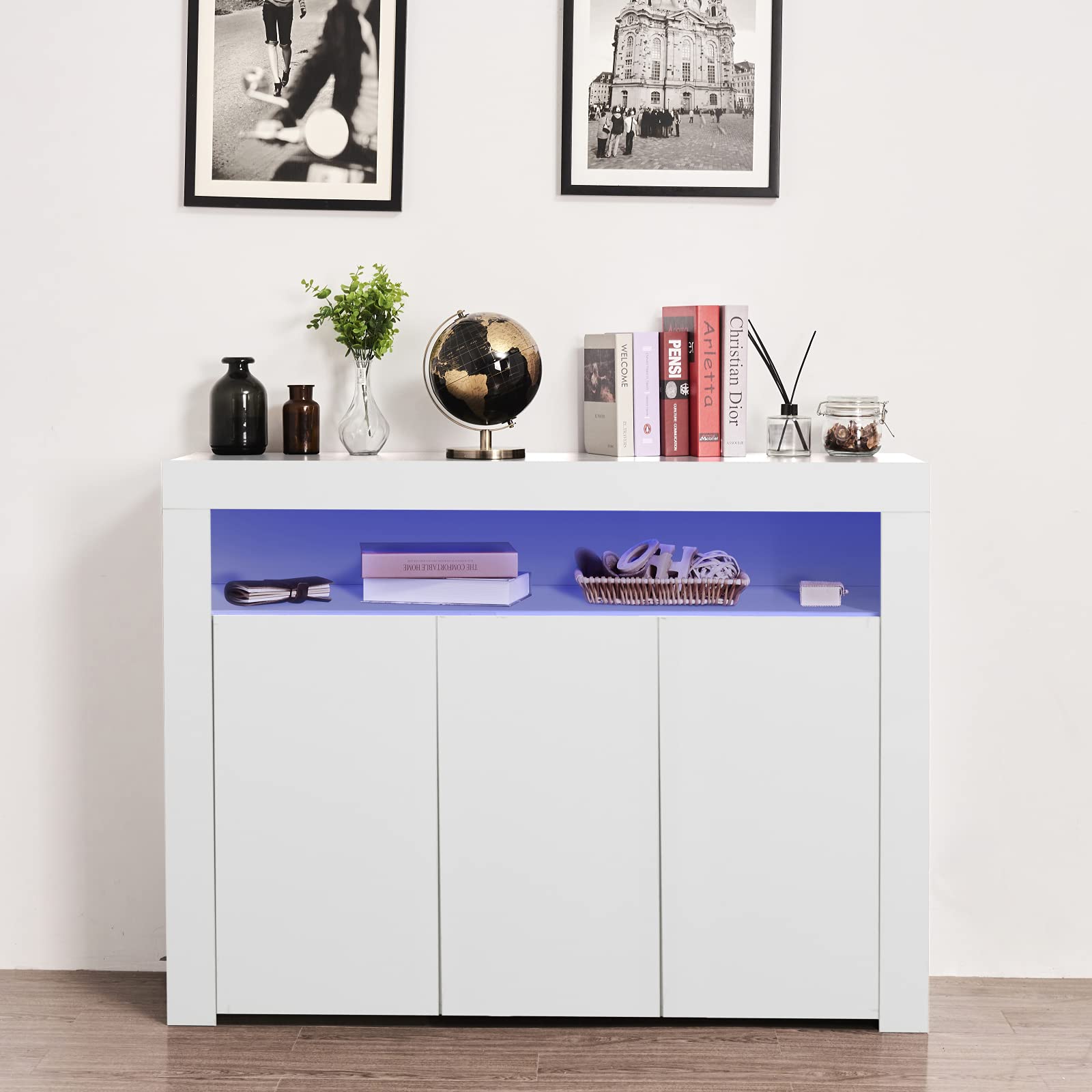 Modern High Gloss White LED Sideboard Cabinet - Kitchen Buffet Storage Unit with LED Lighting for Dining Room & Living Room | Perfect for Home Decor, Entertaining Guests & Organizing Dishes