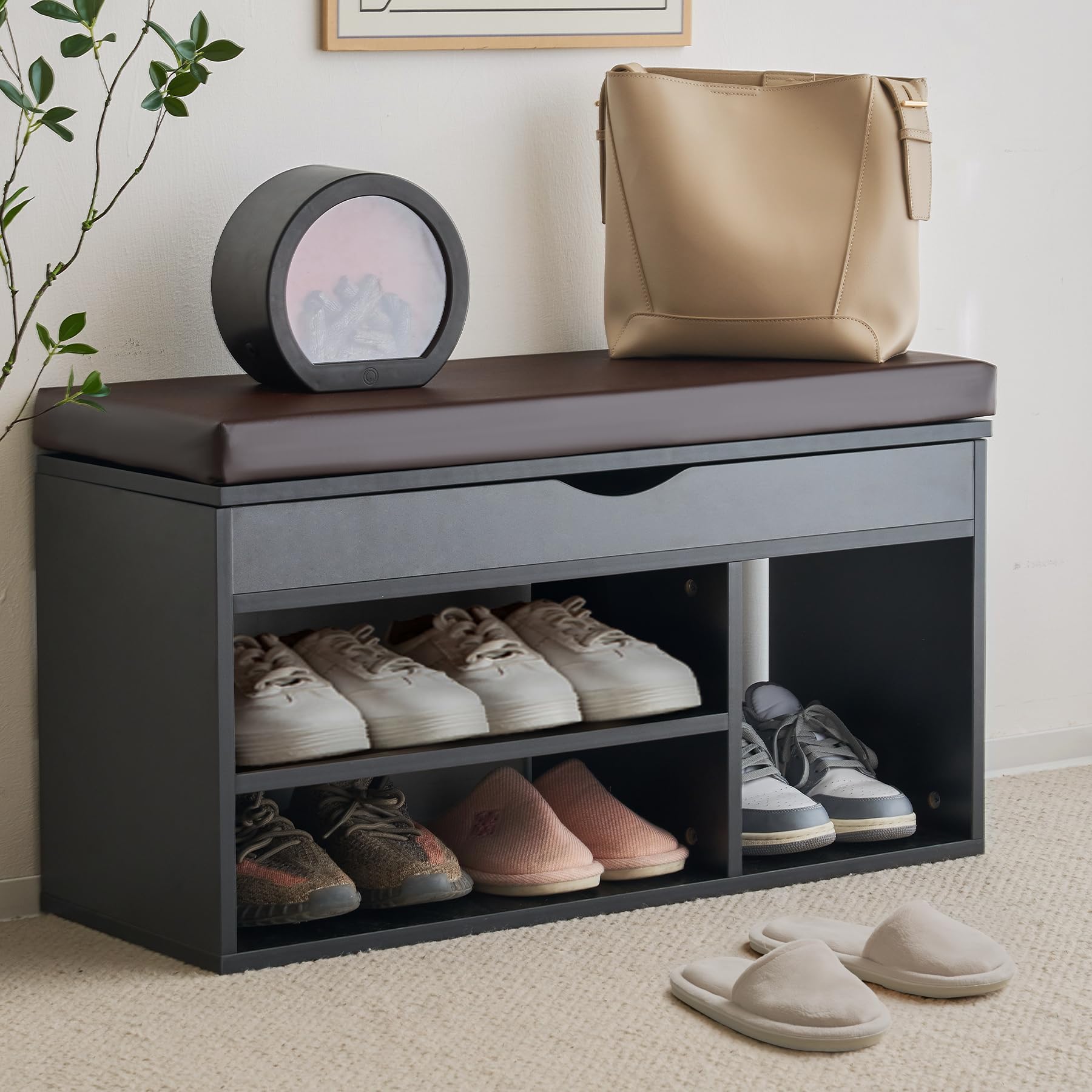 Apicizon 2-Tier Shoe Storage Bench with Padded Cushion - Wooden Entryway Bench with Shoe Rack, Black - Perfect for Hallway, Foyer & Mudroom Organization