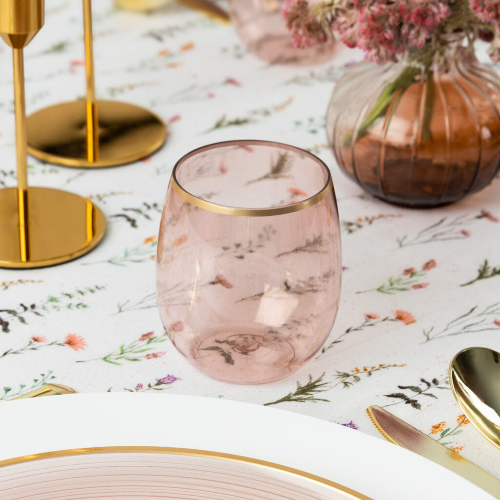 12 oz. Rose Plastic Stemless Wine Goblets with Gold Rim - 6 Pack Set for Outdoor Parties, Picnics, and Weddings