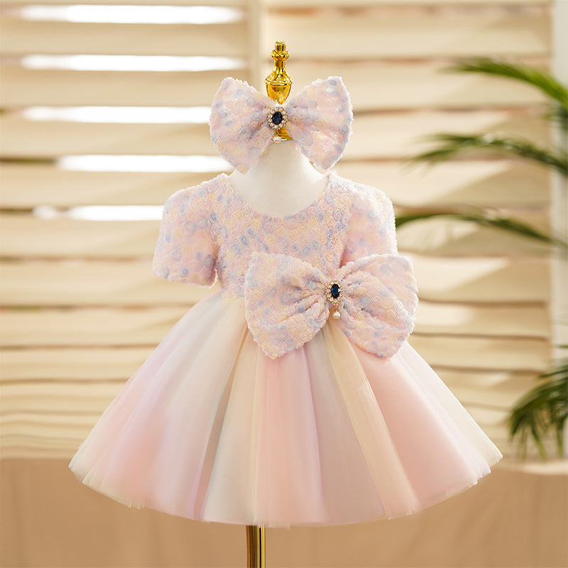 Pink Tulle Princess Flower Girl Dress with Bow & Puff Sleeves - Perfect for Weddings, Birthday Parties & Special Occasions