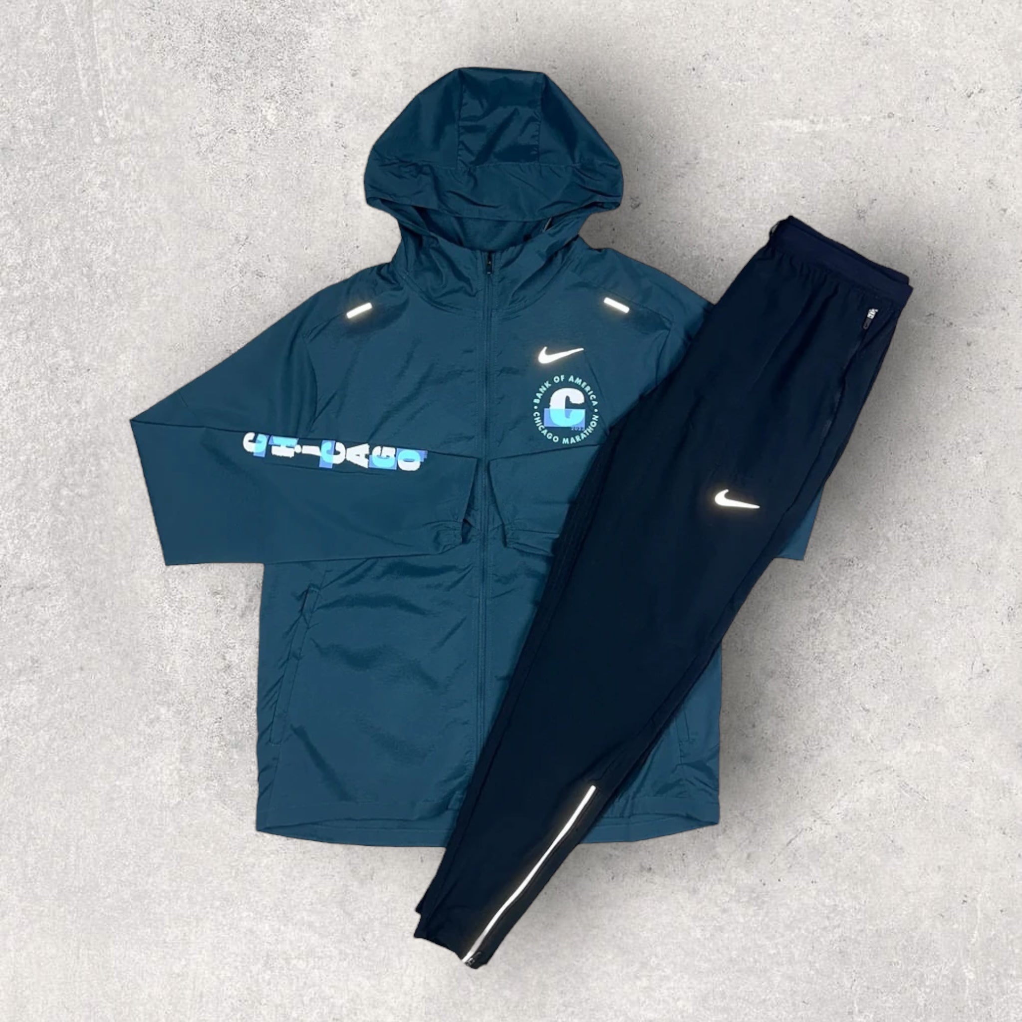 Nike UV Windrunner Jacket & Phenom Pants Set - Chicago Finisher & Deep Jungle/Black - Lightweight Running Gear for Outdoor Training & Marathon