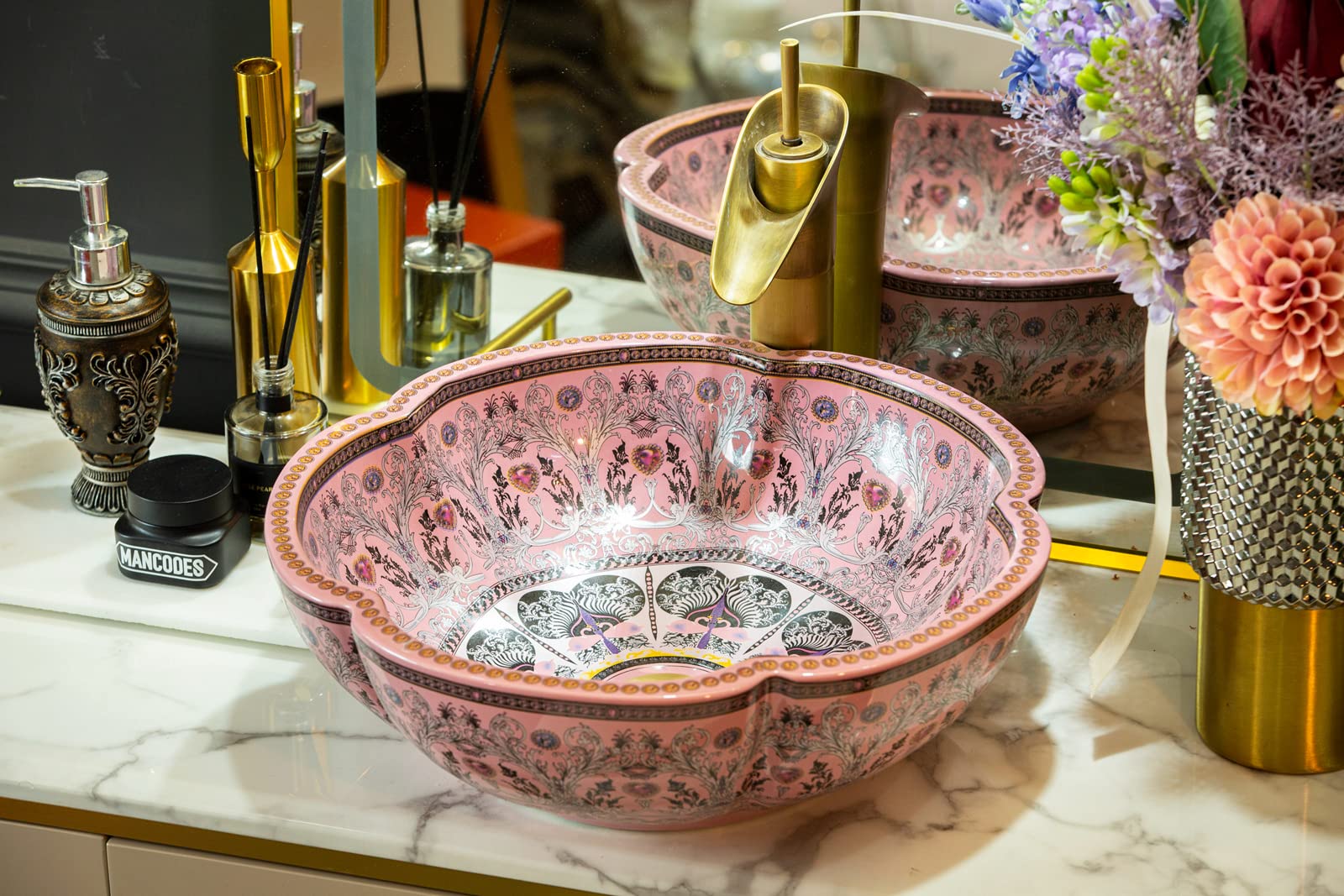 European Style Pink Lucky Flower Ceramic Vessel Sink - Modern Above Counter Bathroom Vanity Sink for Powder Room, Guest Bath & Master Bathroom Decor