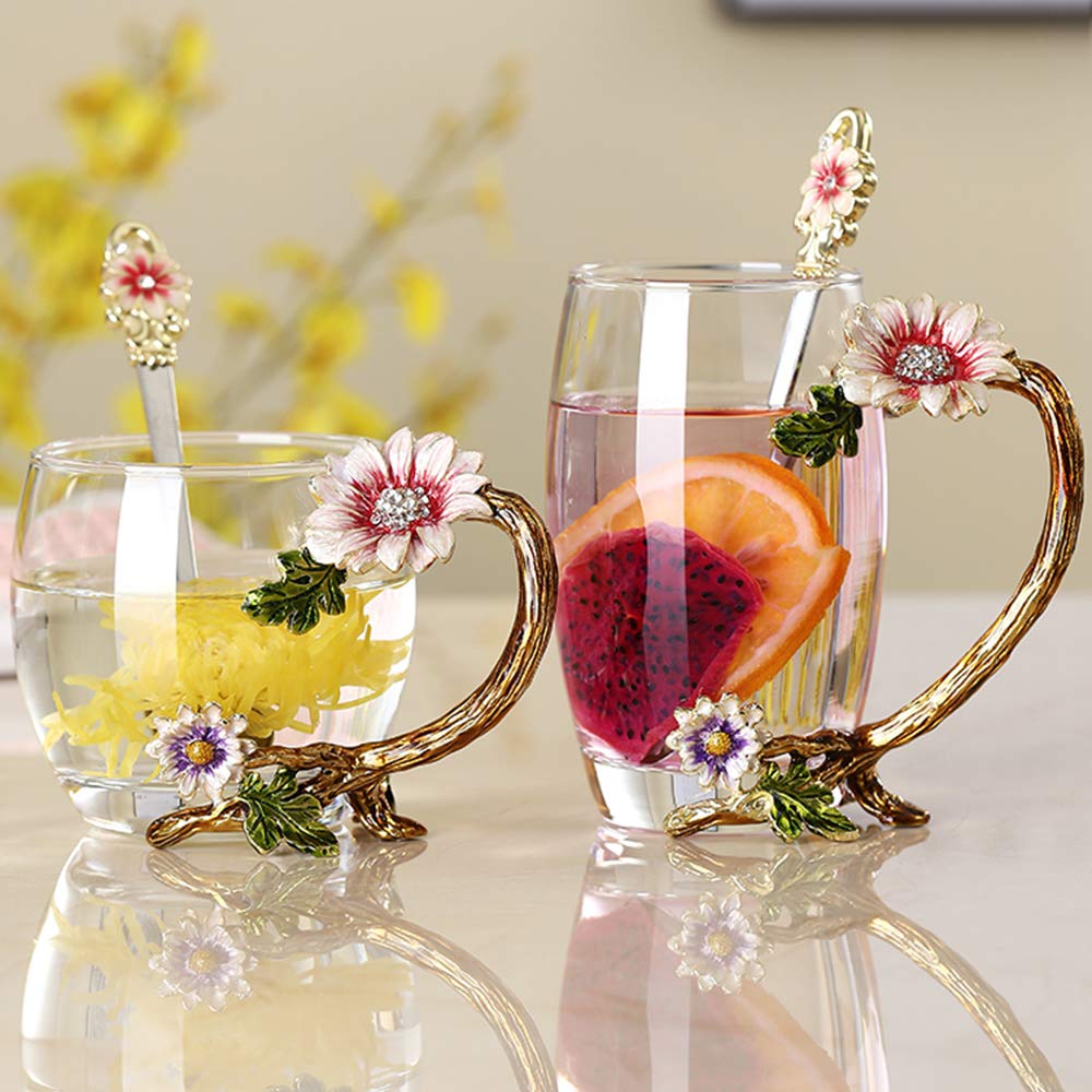 Enamel Sunflower Crystal Lead-Free Glass Tea Cup with Spoon Set - Perfect Gift for Christmas, Valentine's Day, Mother's Day - Ideal Present for Mom, Grandma, Girlfriend, Sister - Elegant Tea Time Accessories for Home, Office, or Afternoon Tea Parties