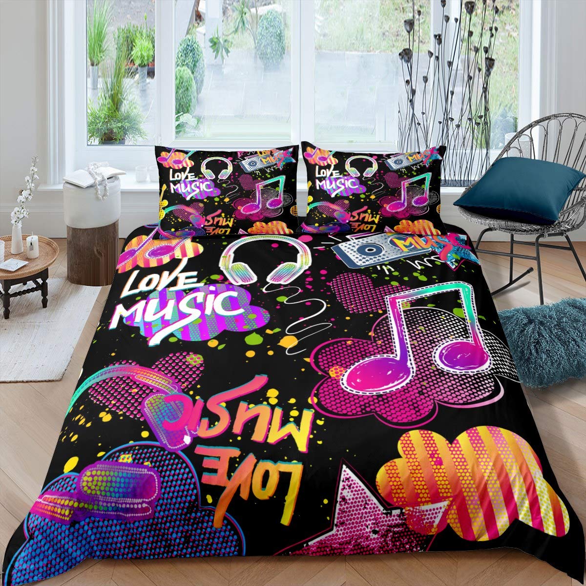 Rock Music Themed Queen Size Duvet Cover Set - Feelyou Music Note Comforter Cover with Headphones & Radio Design for Boys & Girls - Luxury Polyester Bedding Set Includes 2 Pillowcases - Perfect for Teen Bedrooms, Music Lover Gifts & Themed Home Decor