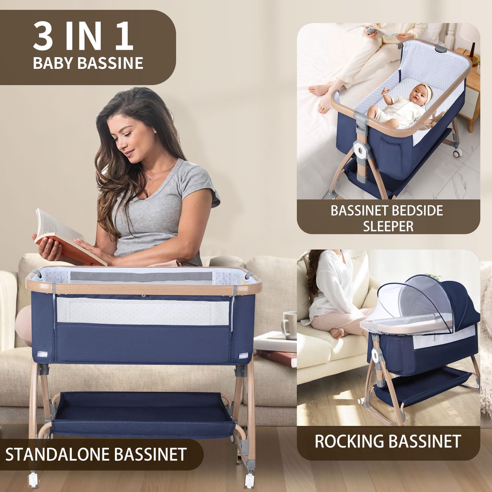 PLKMGF 3-in-1 Adjustable Baby Bassinet & Bedside Sleeper with Wheels, Storage Basket & Mosquito Net - Portable Crib for Newborn & Infant - Perfect for Nursery, Bedroom & Travel Use