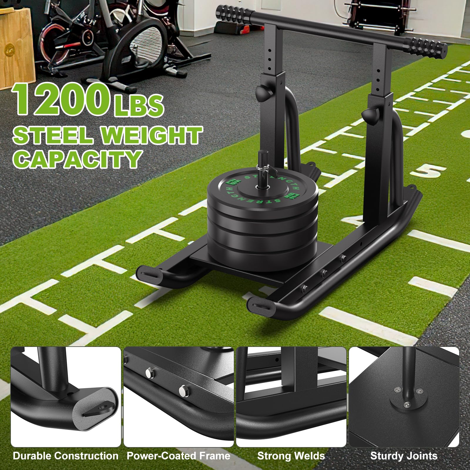 Heavy Duty Weight Sled for Strength Training - Adjustable Push Pull Gym Sled with Height-Adjustable Handle - Fitness Equipment for Muscle Building & Speed Improvement - Compatible with 1