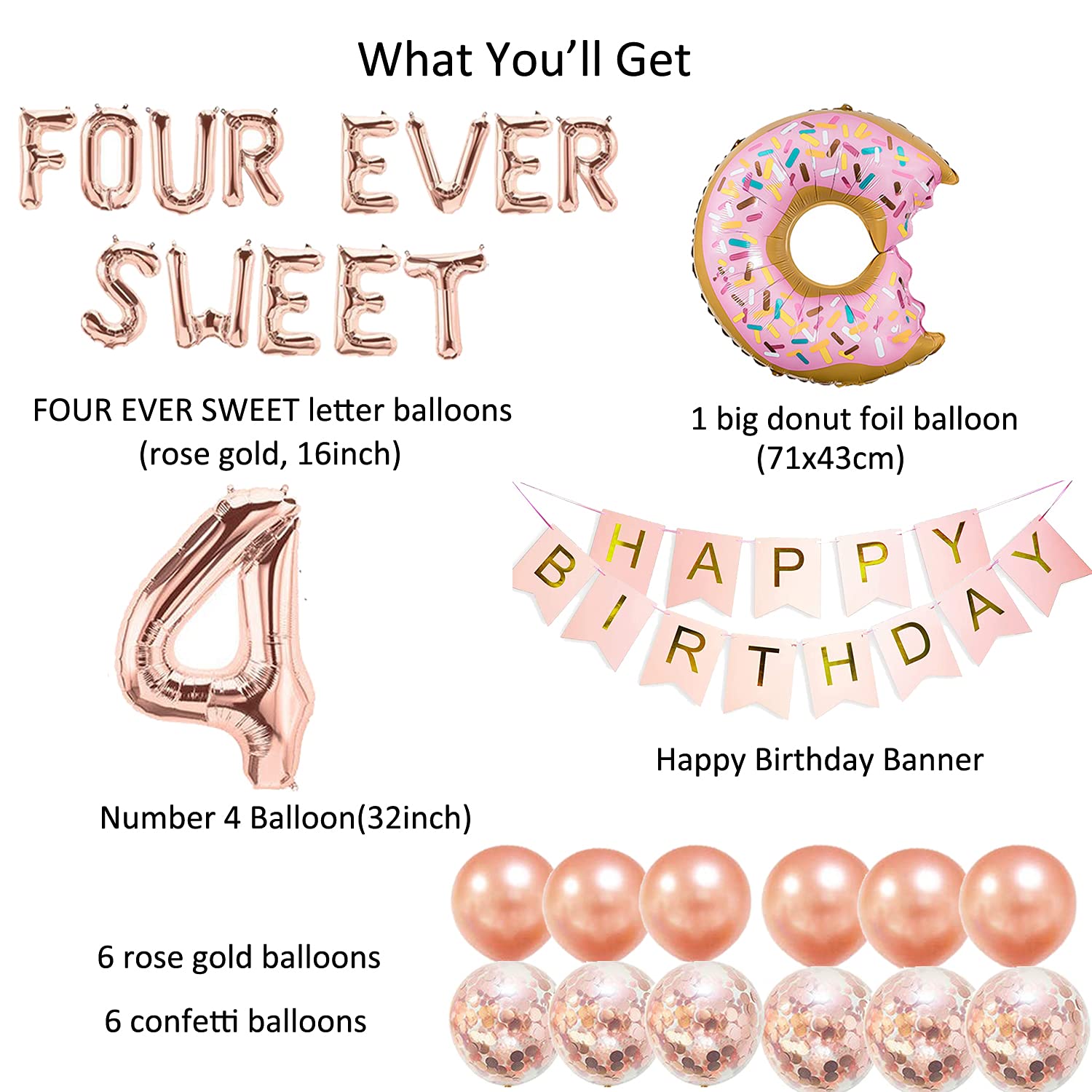 4th Birthday Party Decorations Set - Donut Themed Four Ever Sweet Backdrop, Balloons & Supplies for Girls & Boys | Perfect for 4 Year Old Birthday Celebrations, Classroom Parties & Photo Backdrops