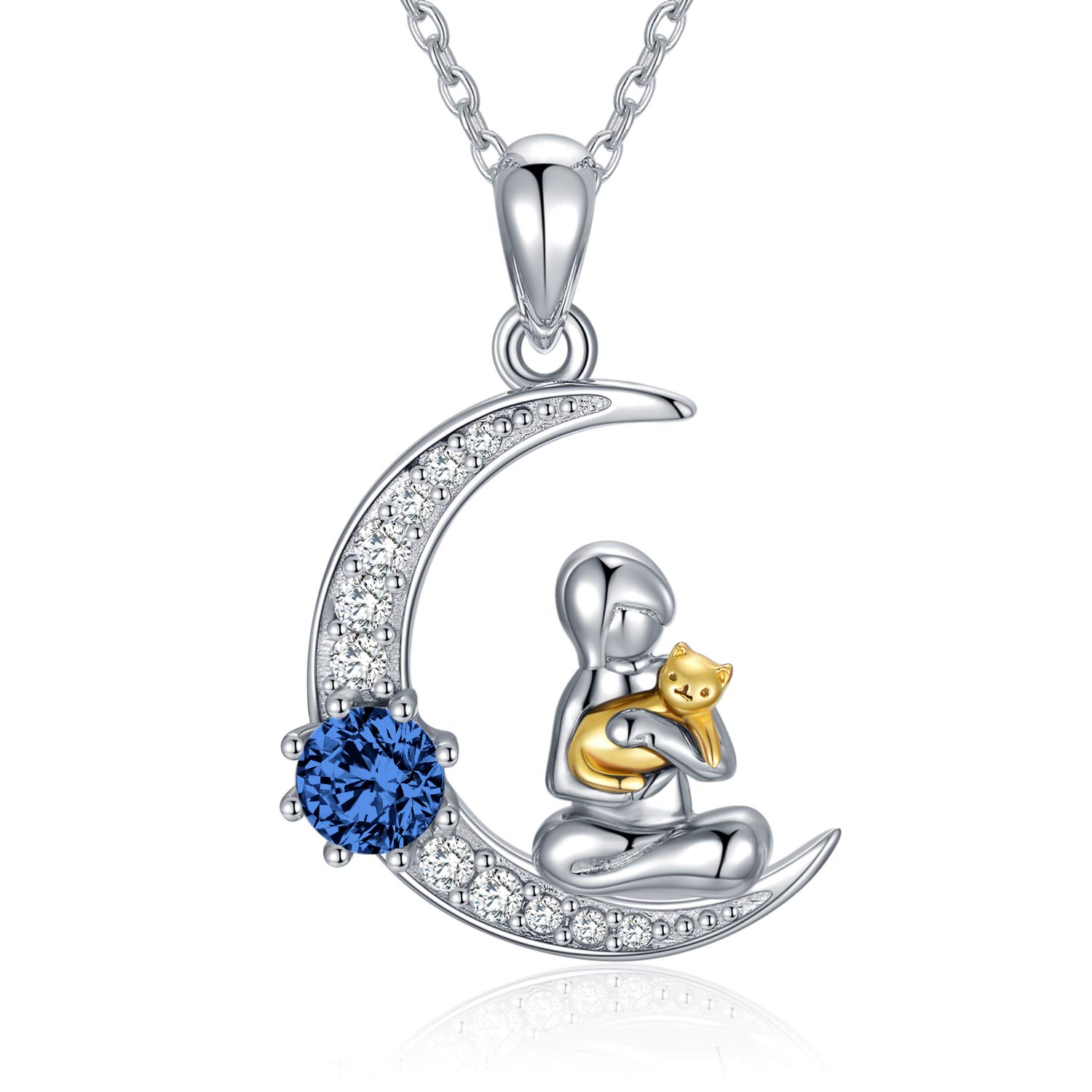 Sterling Silver Moon Cat Pendant Necklace with Birthstone Crystals - Perfect Cat Lover Gift for Women, Wife, Girlfriend - Birthday, Anniversary, Valentine's Day Jewelry Present