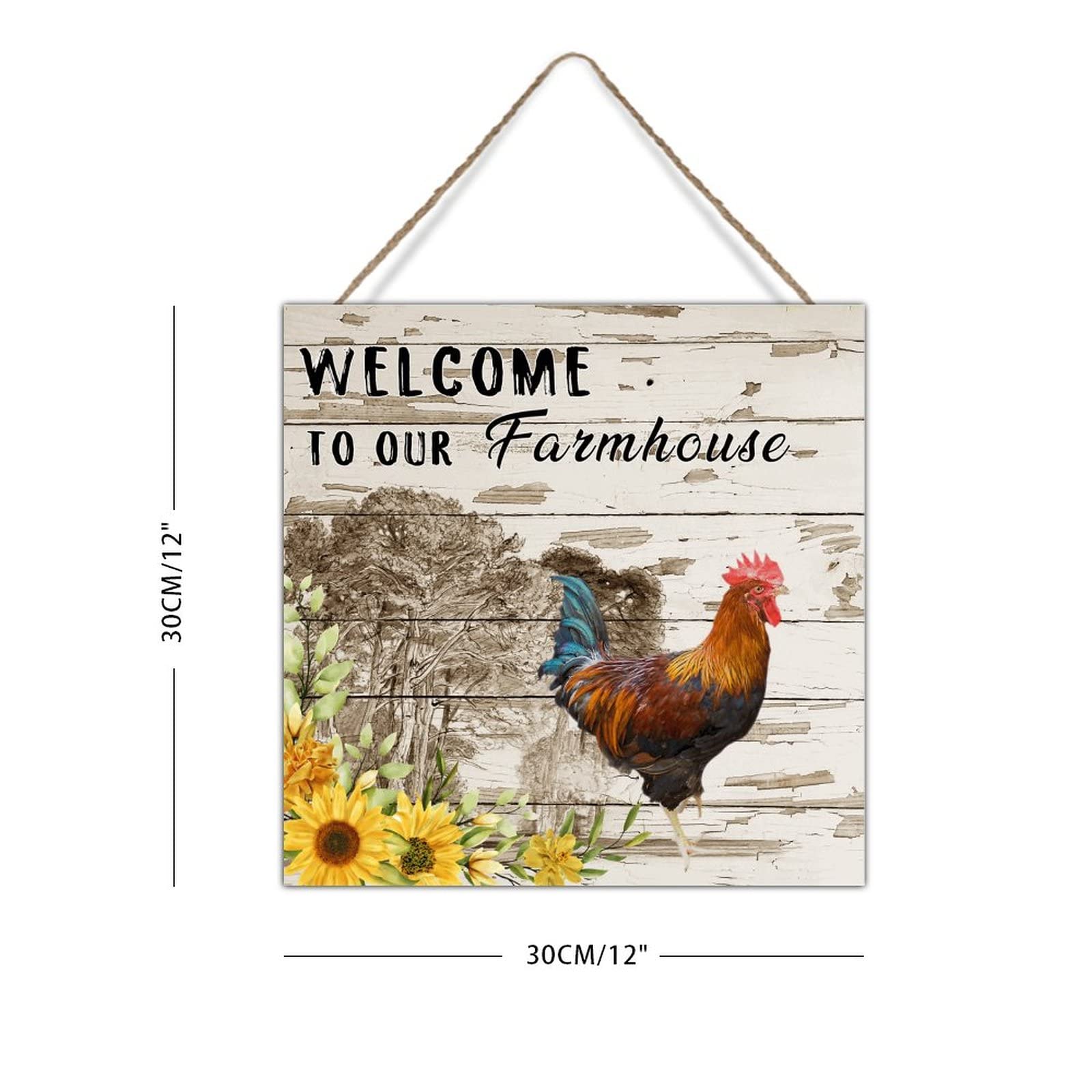 Distressed Wooden Farm Animal Sign - Welcome to Our Farmhouse Wall Decor, Chicken Coop & Rooster Plaque - 12x12 Inch Rustic Home Decor for Living Room, Housewarming & Farmer Birthday Gift - Perfect for Country Style Homes, Farmhouse Kitchens & Cozy Porches