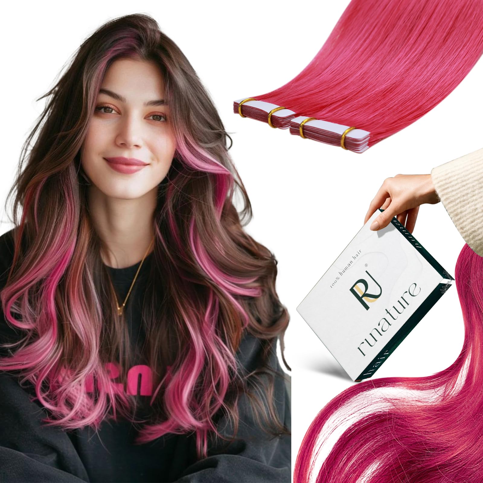 RUNATURE 12 Inch Hot Pink Tape in Hair Extensions - 20g 10pcs Real Human Hair Weft for Kids & Adults | Vibrant Colored Hair Extensions for Parties, Cosplay & Daily Styling
