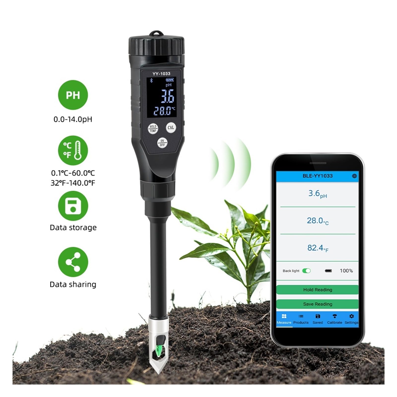 Smart Soil pH Meter 0.0-14.0 pH Tester with Temperature Sensor - Digital Soil Acidity Analyzer for Hydroponics, Garden, Farm & Water Testing - Perfect for Indoor Plants, Lawn Care and Agriculture