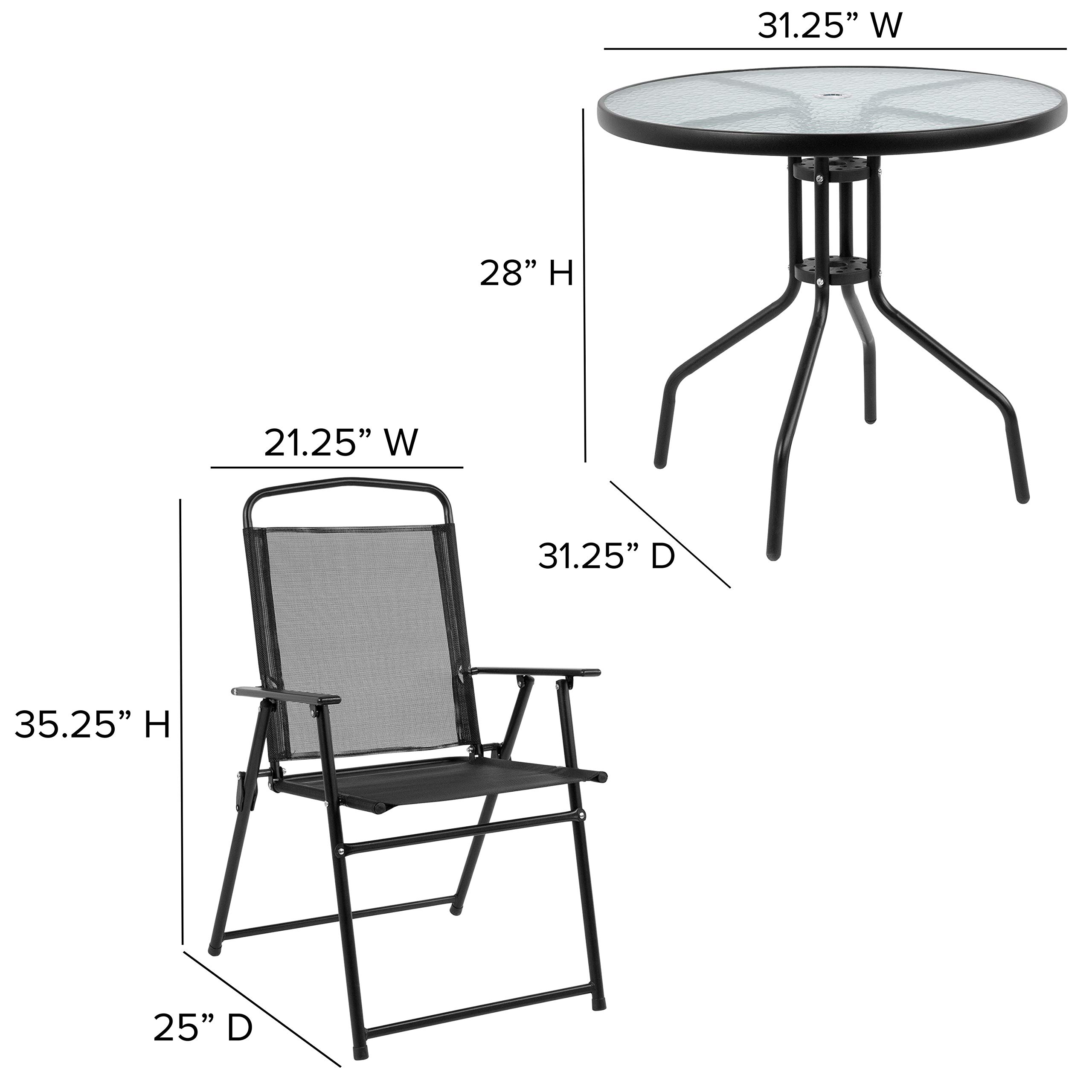 Emma & Oliver 6-Piece Black Patio Furniture Set with Umbrella Table & 4 Folding Chairs - Outdoor Garden, Backyard, Poolside Dining & Relaxation Set