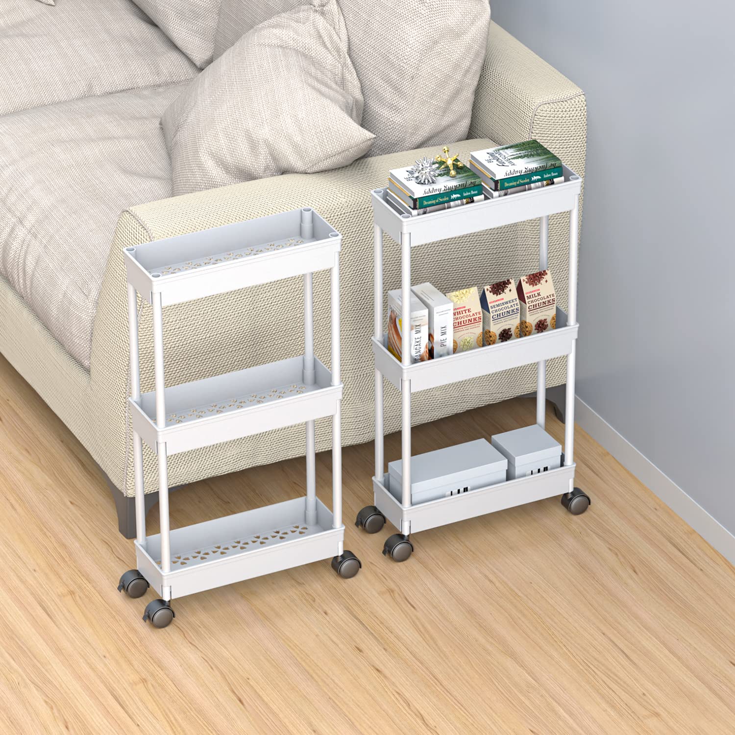 Sooyee 3-Tier Rolling Utility Cart with Wheels - Slim Narrow Storage Organizer for Office, Bathroom, Kitchen & Laundry Room - Under Desk Mobile Cabinet for Small Spaces - Perfect for Home, Dorm & Workspace Organization (White)