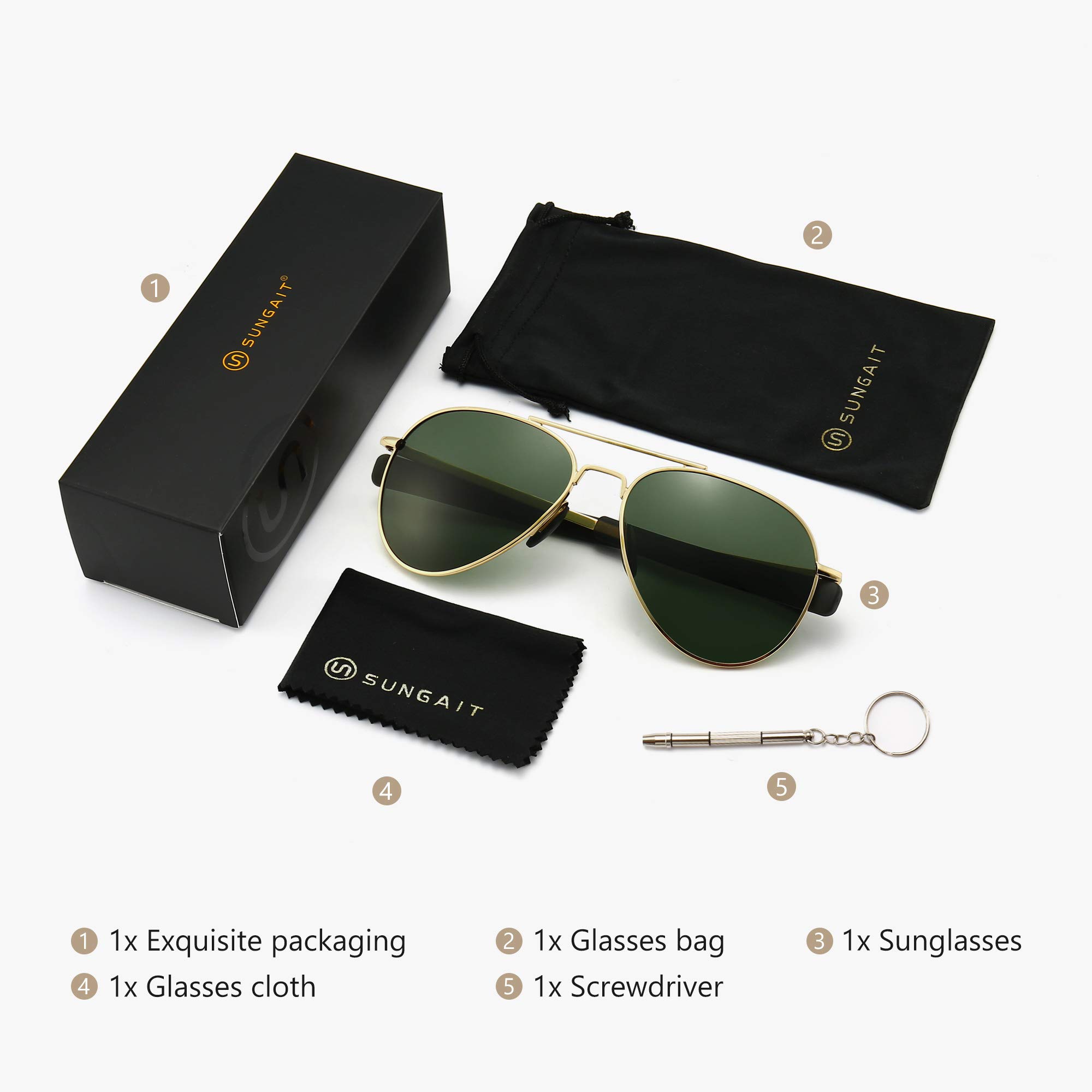 SUNGAIT Polarized Aviator Sunglasses for Men - UV400 Protection, Military Style, Classic Retro Design - Perfect for Driving, Outdoor Sports, and Fashion Accessories