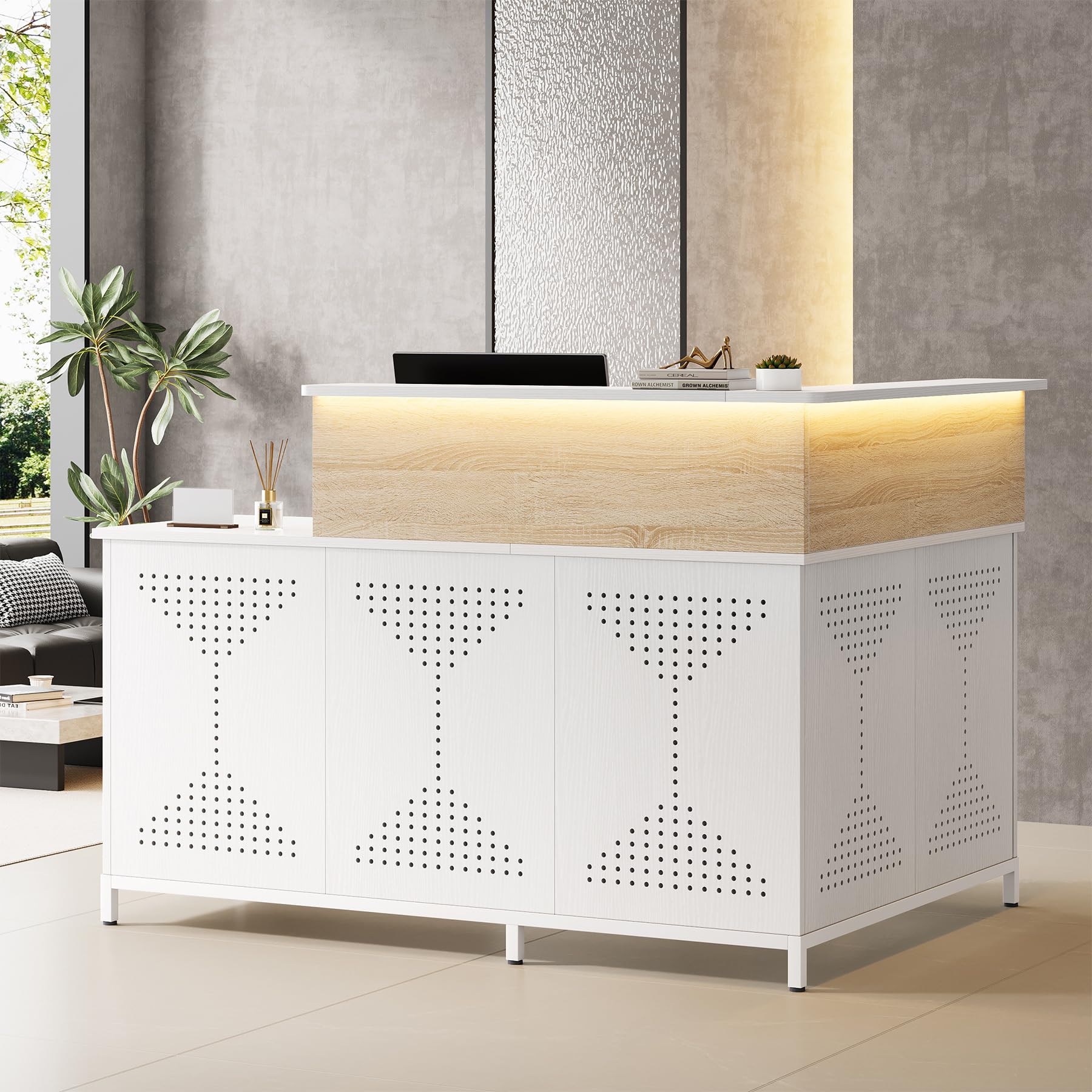 Modern L-Shaped Reception Desk with LED Lights - 60 Inch Office Front Desk, Checkout Counter Table for Lobby, Cafe & Beauty Salon - White & Light Brown - Perfect for Professional Spaces, Waiting Areas & Retail Stores
