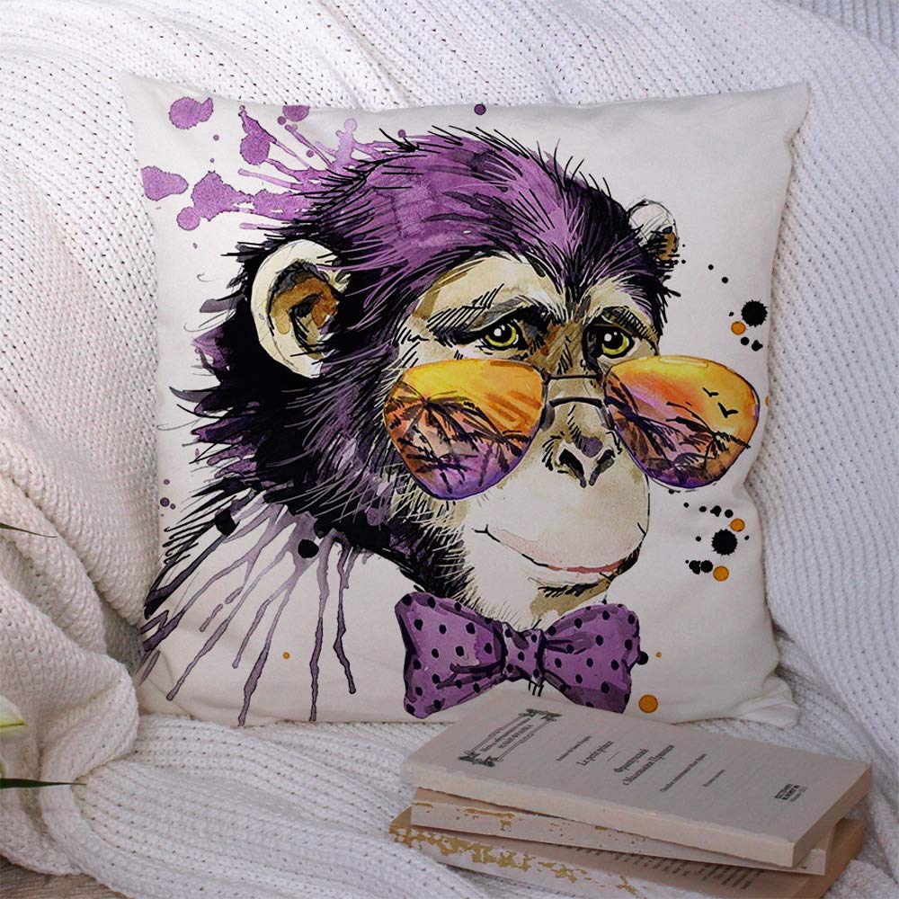 Cute Monkey Animal Chimpanzee Throw Pillow Covers - Watercolor Wildlife Design with Cool Sunglasses, 20x20 Inch Square Decorative Cushion Covers for Sofa, Couch, Bed & Home Decor - Perfect for Living Room, Nursery or Gift