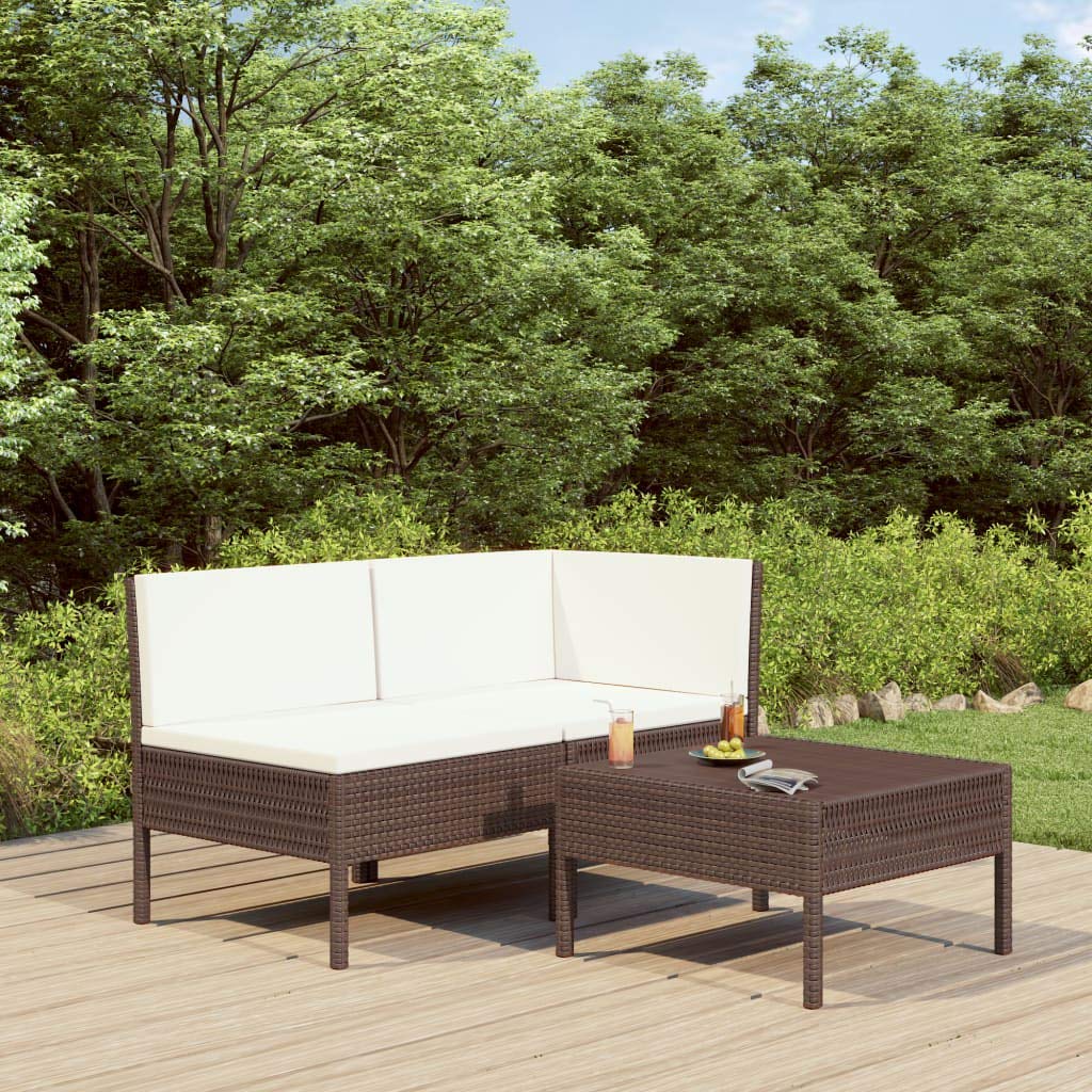 3-Piece Outdoor Patio Furniture Set - Rattan Wicker Sofa Sectional with Cushions & Coffee Table - Brown and Cream - Perfect for Garden, Backyard, Poolside & Patio Conversations