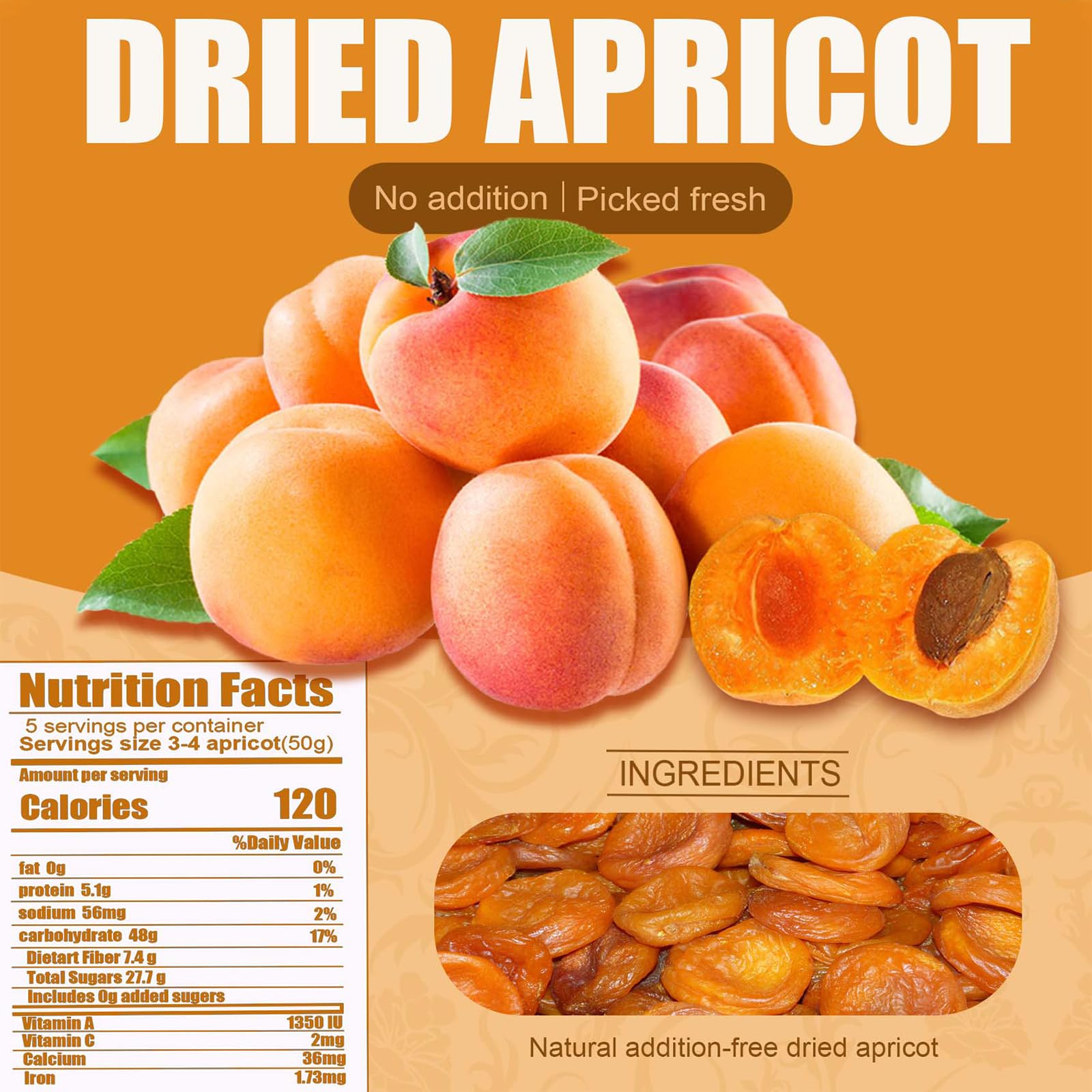 Organic Dried Apricots No Sugar Added (7oz) - Natural Vegan Snacks, Resealable Bag for Healthy Diet | Perfect for On-the-Go, Lunch Boxes & Hiking Snacks