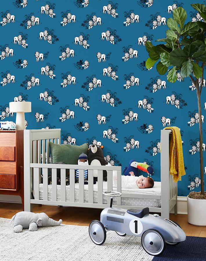 Foliage Lions Wallpaper by Tea Collection in Cadet Blue - Perfect for Nursery, Kids' Room & Home Decor