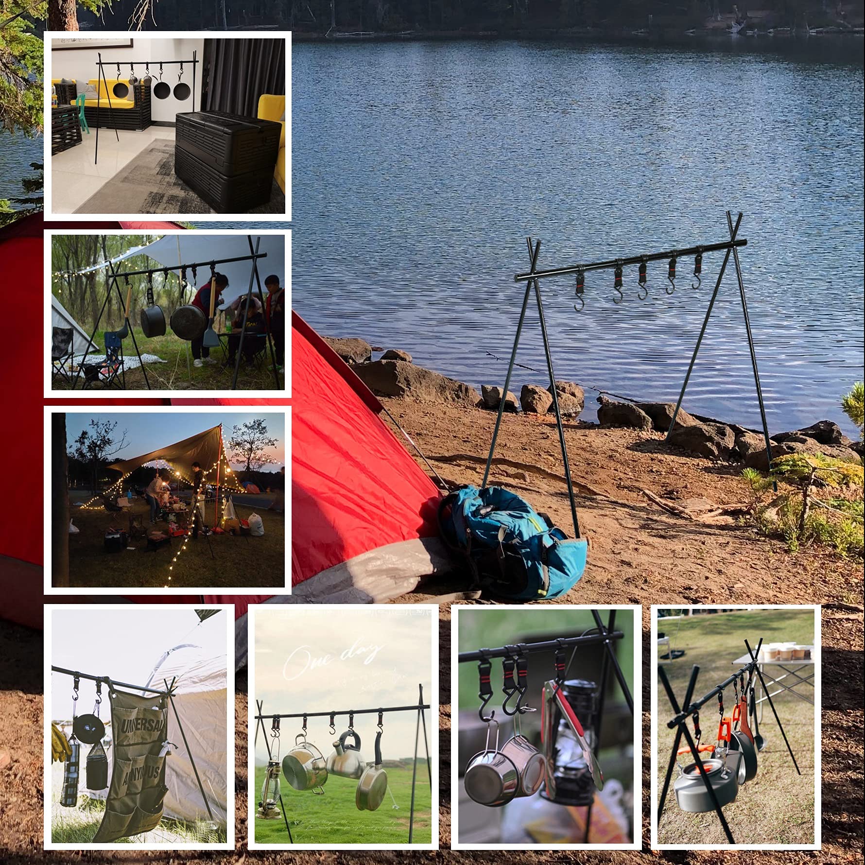 **Foldable Camping Cookware Hanging Rack - Portable Triangle Storage Shelf with Hooks for Outdoor Cooking Gear | Perfect for Backpacking, Hiking & Camping Trips (Medium Size)**