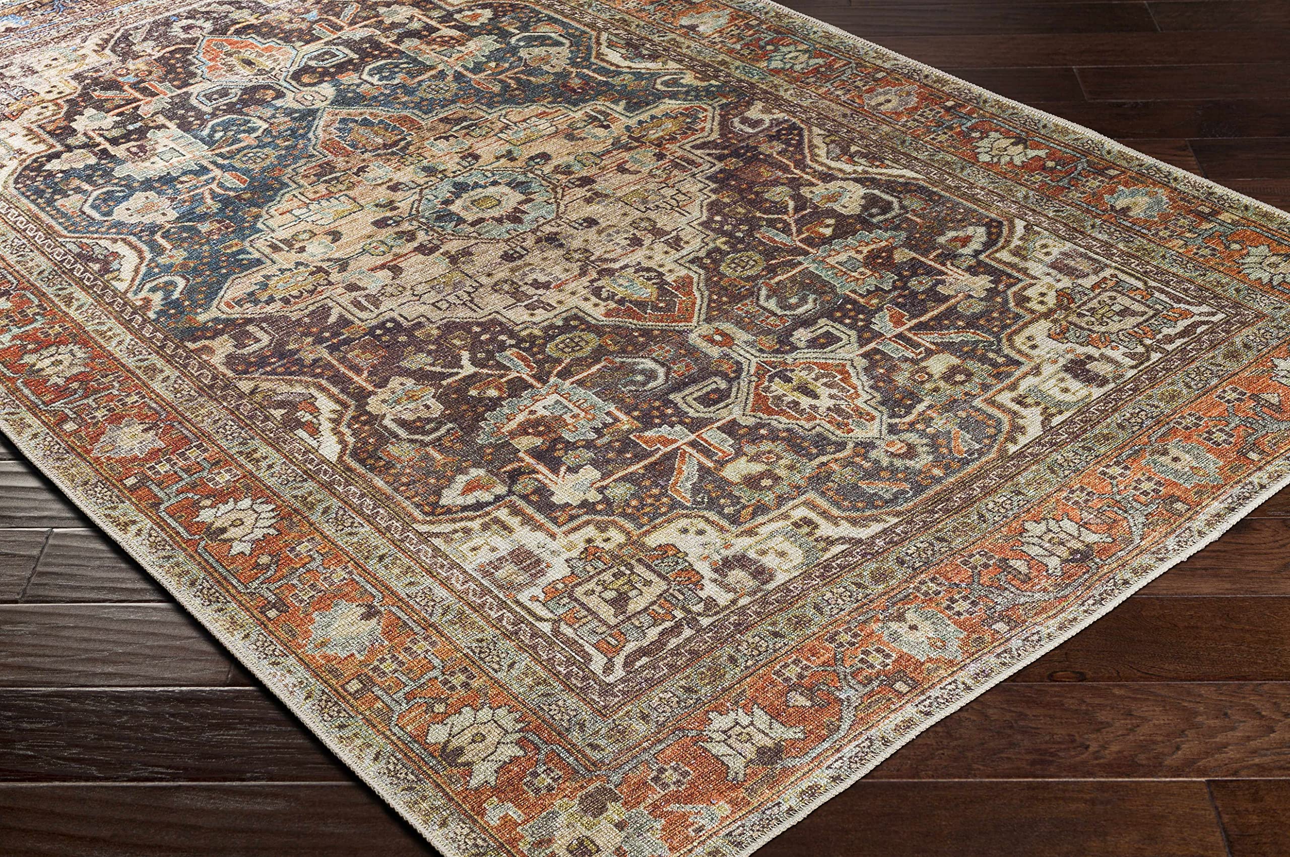 Hauteloom Portlaw Machine Washable Area Rug - Traditional Design in Gray, Blue, Red - 6'7