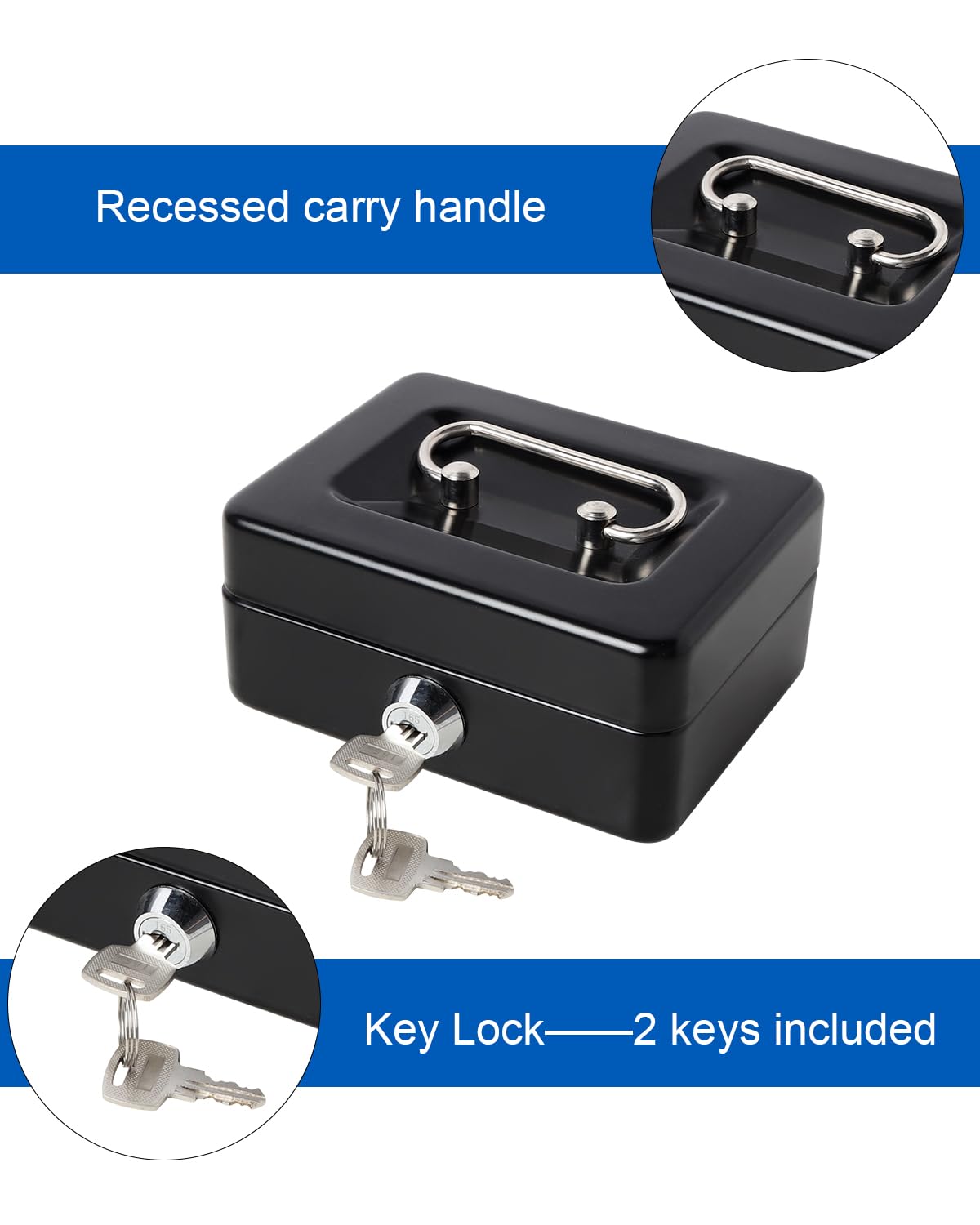 Lovndi Small Metal Cash Box with Money Tray & Lock - Secure Lockbox for Money, Coins, Valuables - Perfect for Home, Office, Retail Stores & Small Business Cash Management