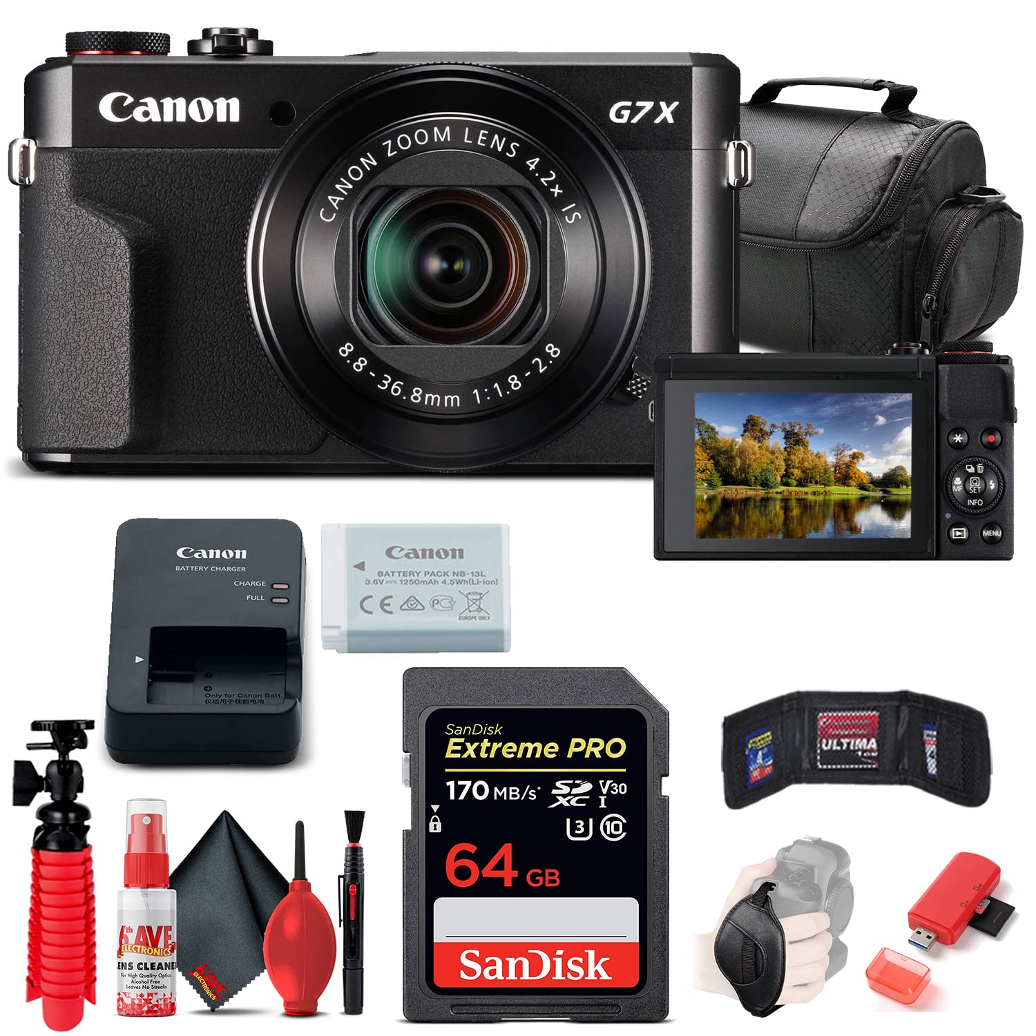 Canon PowerShot G7 X Mark II Digital Camera (1066C001) - 20.1MP, 4.2x Zoom, WiFi & NFC - Includes 64GB SD Card, Card Reader, Soft Case, Tripod, Hand Strap, Memory Wallet & Cleaning Kit (Renewed) - Perfect for Travel, Vlogging & Photography Enthusiasts