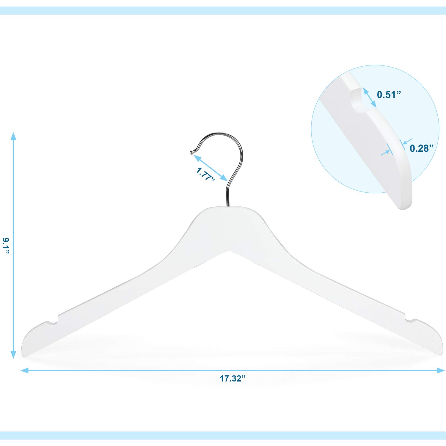 TOPIA 30 Pack White Wooden Clothes Hangers - 0.28 Inch Slim Space Saving Hangers with Smooth Notches for Shirts, Coats & Camisoles | Durable Flat Design Wood Hanger for Closet Organization & Retail Display