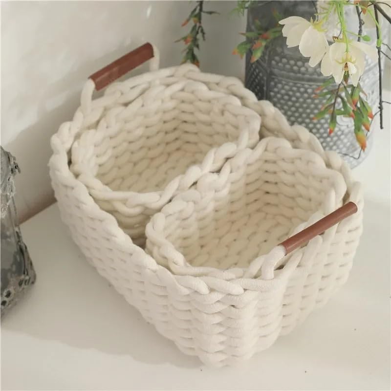 Handmade Cotton Rope Storage Basket with Handle - Multipurpose Organizer for Cosmetics, Toys, Snacks & Makeup (Set of 3, White) - Perfect for Bedroom, Bathroom & Office Desktop Organization