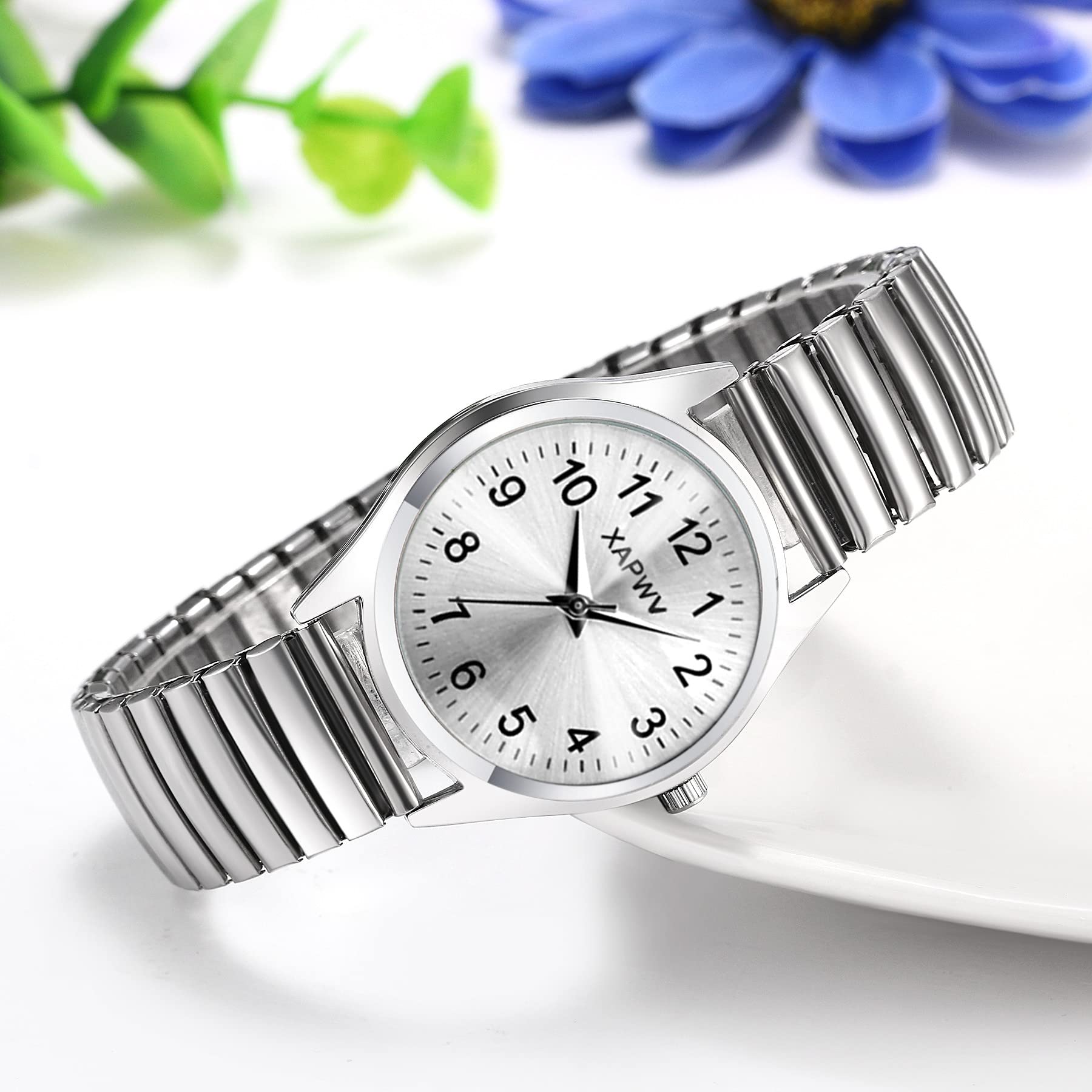 JewelryWe Women's Ultra Thin Watch - Gold/Silver Stretch Band for Easy Reading & Comfort