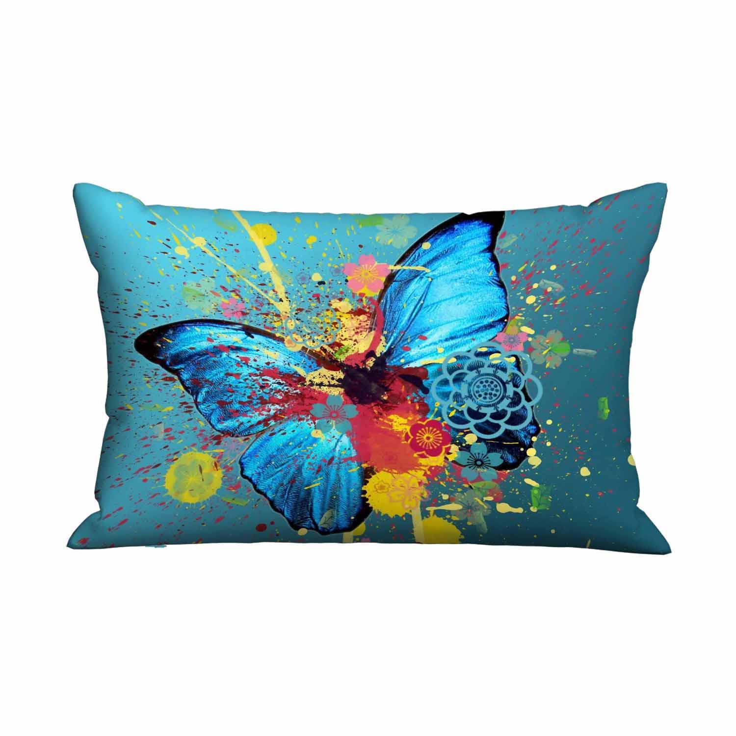 Watercolor Blue Butterfly & Floral Splash Doodle Decorative Throw Pillow Cover - 20x30 Inches for Sofa, Couch, Bed & Chair - Boho Home Decor Accent for Living Room, Bedroom & Nursery