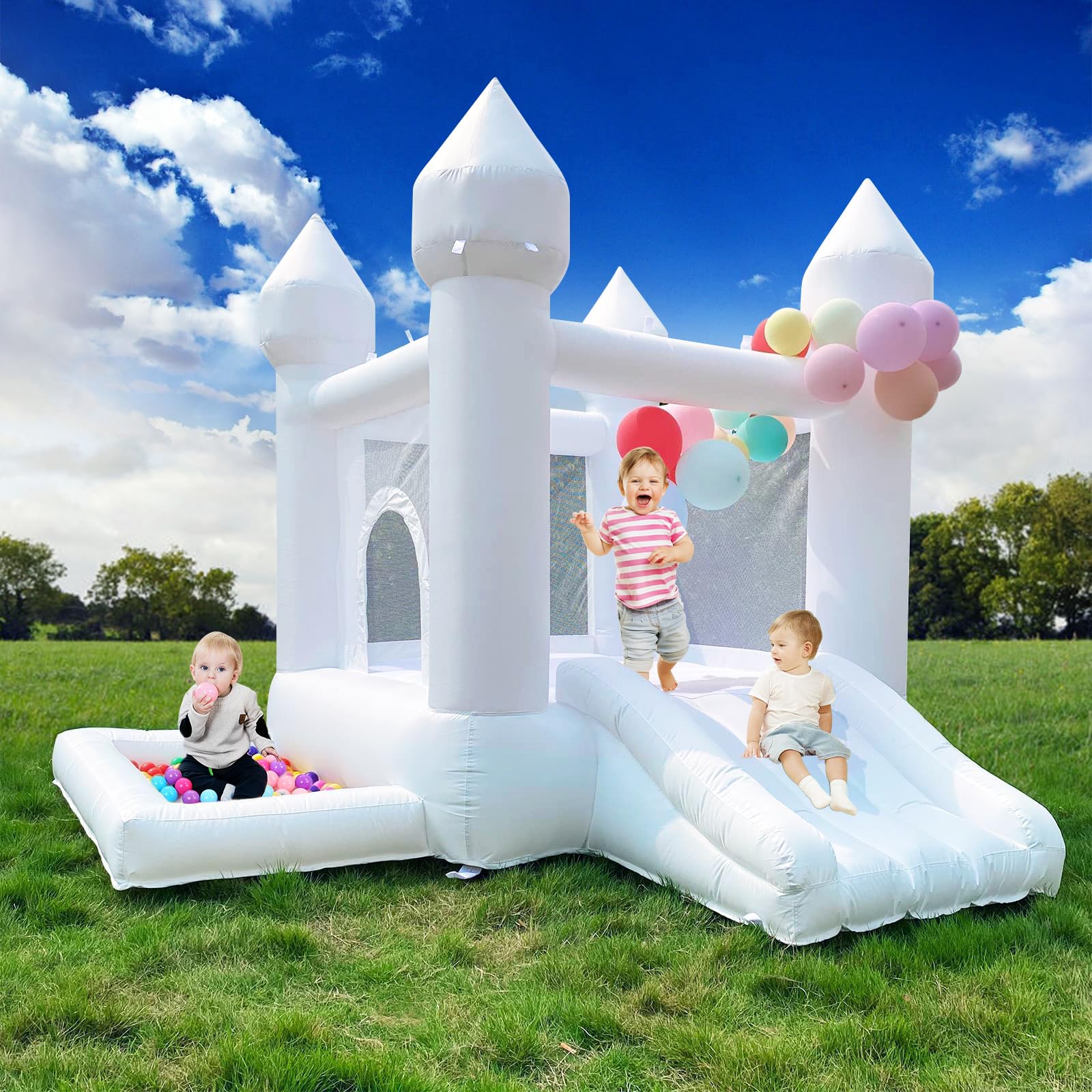 **White Bounce House with Slide & Ball Pit - 108 x 108 x 84 Inch Inflatable Castle for Kids Birthday Party, Outdoor Play, Backyard Fun - Includes Blower (Oxford White)**    *(Perfect for birthday parties, outdoor playdates, backyard entertainment, and family gatherings!)*