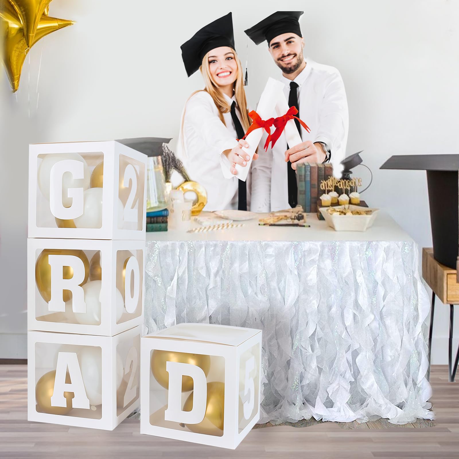 2025 Graduation Party Decorations - 4pcs White Balloon Boxes with GRAD Letters for Preschool, Kindergarten, High School & College Graduation Celebrations - Perfect for Graduation Ceremonies, Photo Backdrops & Party Decor