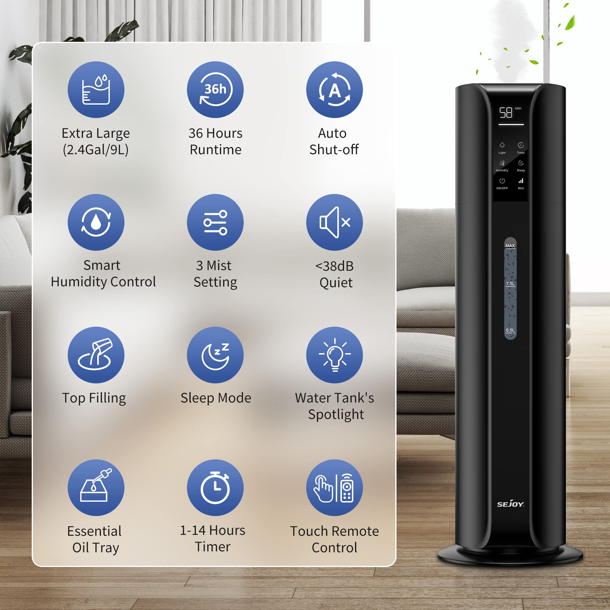 9L/2.4Gal Cool Mist Humidifier with Essential Oil Diffuser & Remote Control - Top Fill 360° Nozzle for Large Bedrooms, Baby Nurseries, Offices & Plants (Black) | Quiet Ultrasonic Air Moisturizer for Dry Skin, Allergies & Better Sleep