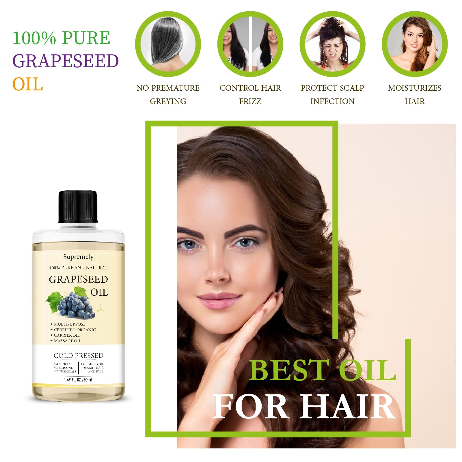 100% Pure Cold Pressed Grapeseed Oil - Natural Carrier Oil for Skin & Hair Care - 50ml - Perfect for Massage, DIY Beauty Recipes & Aromatherapy