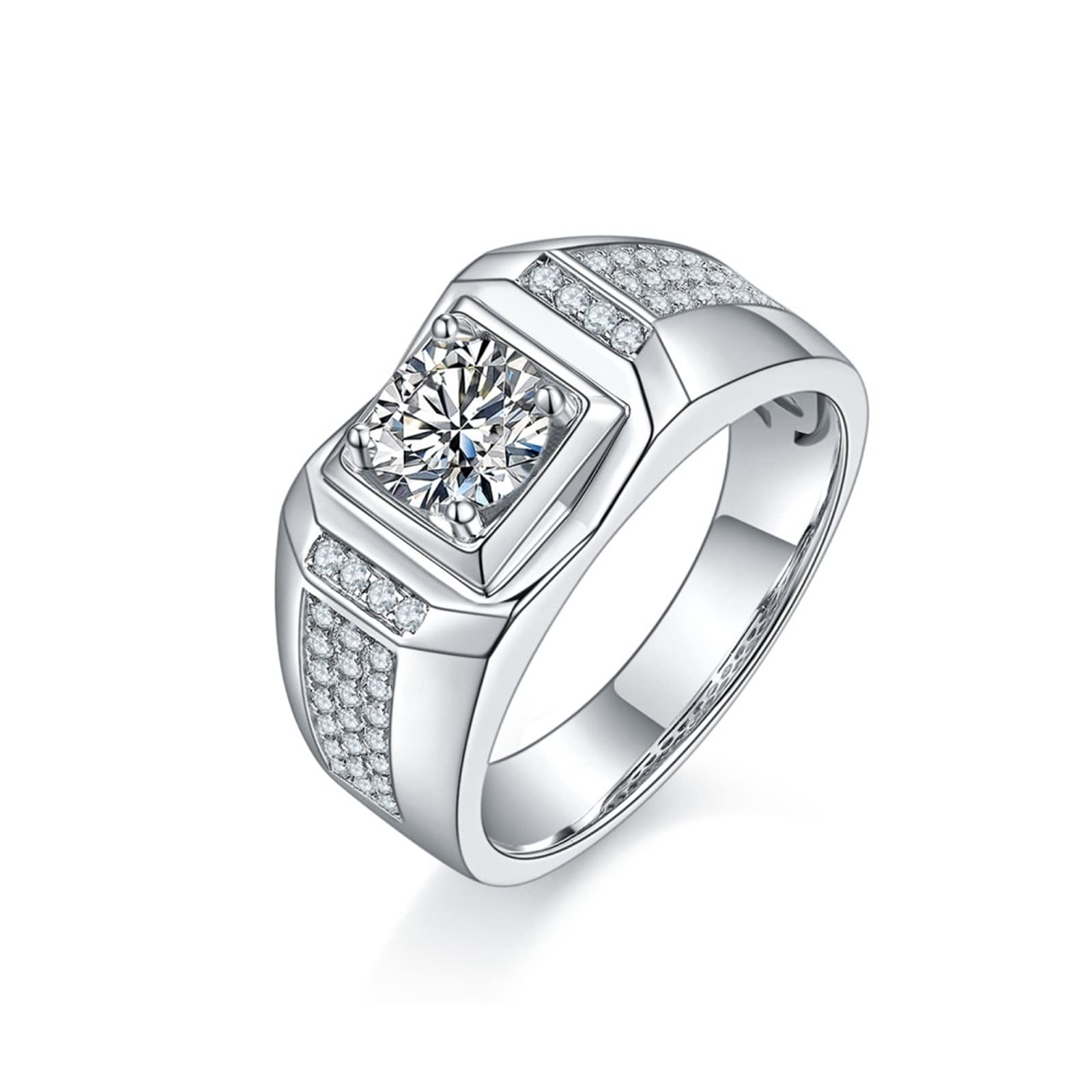 Men's Sterling Silver Wedding Band - 8mm Wide Square Ring with Zirconia, White Gold Plated for Men - Perfect for Engagement, Anniversary & Everyday Wear