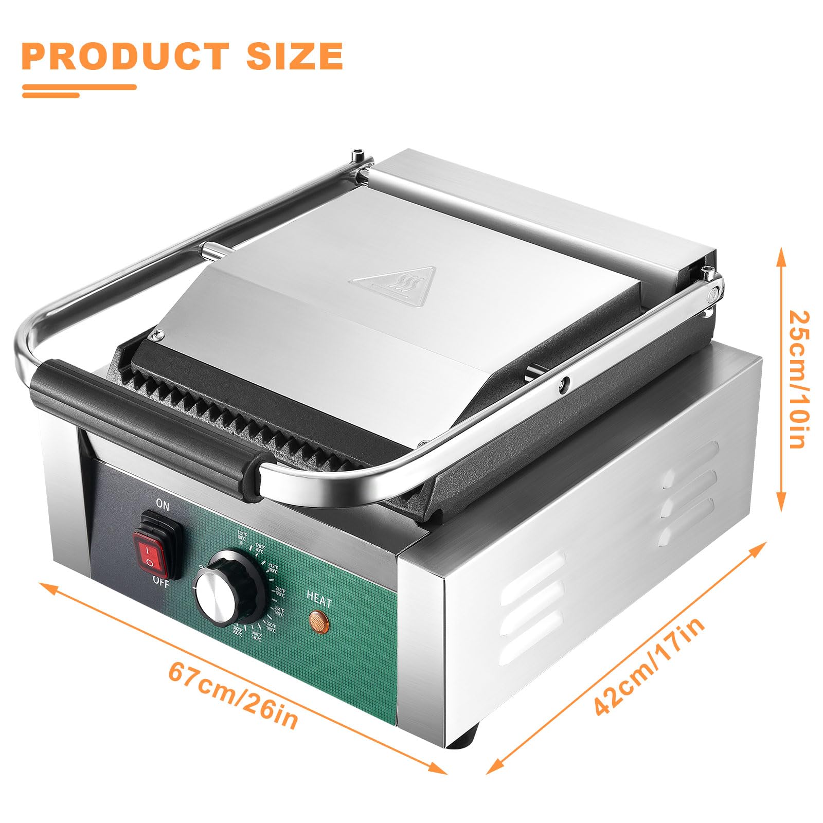 2200W Commercial Electric Panini Press Grill with Non-Stick Grooved Plates, Adjustable Temperature Control Sandwich Maker - Perfect for Hamburgers, Steaks, Paninis & Breakfast Griddles - Ideal for Restaurants, Cafes & Home Kitchens