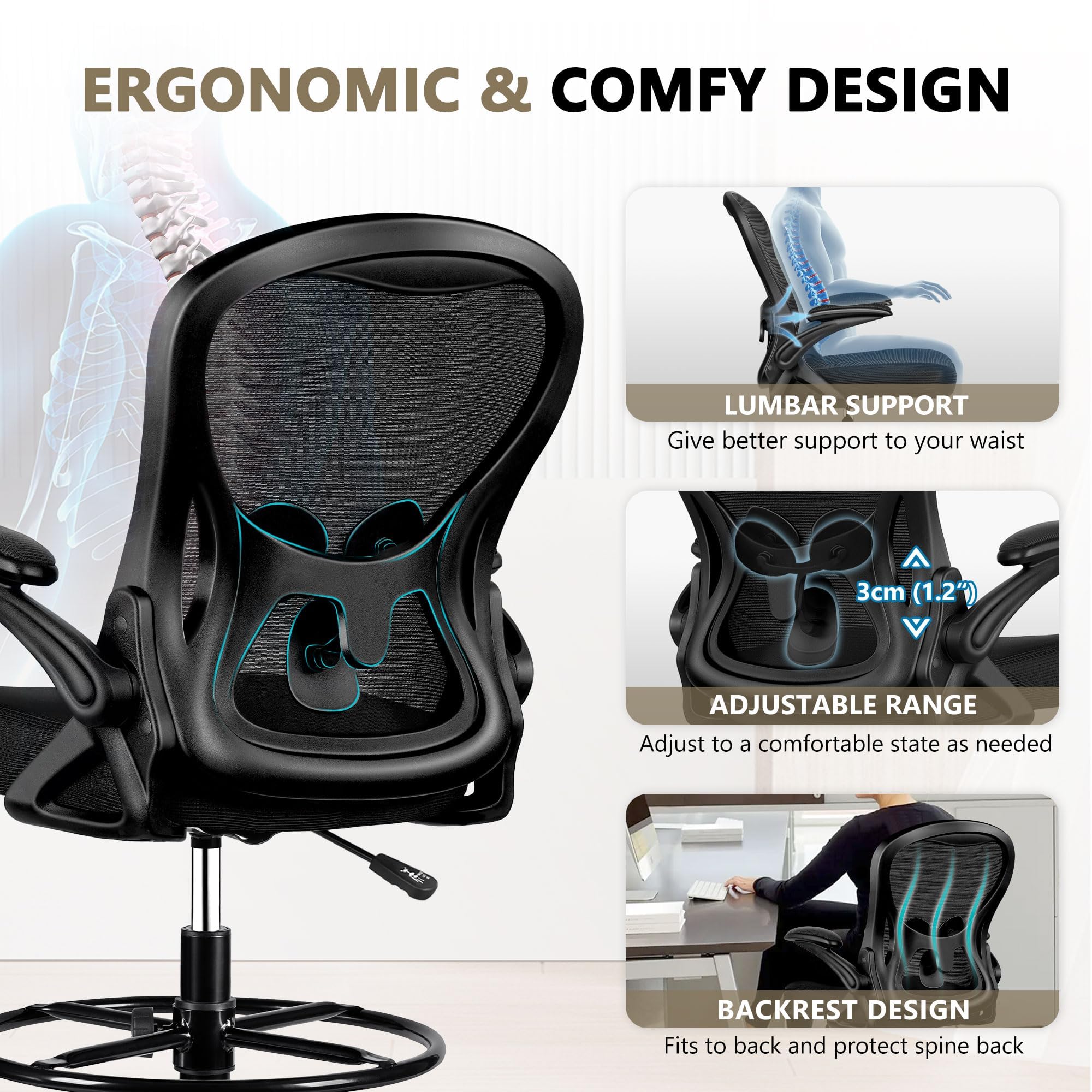 Ergonomic Drafting Chair - Adjustable Height Office Chair with Lumbar Support, Swivel & Rolling Base, Flip-Up Armrests & Foot Ring for Standing Desk - Black | Perfect for Architects, Artists, Home Office & Computer Workstations