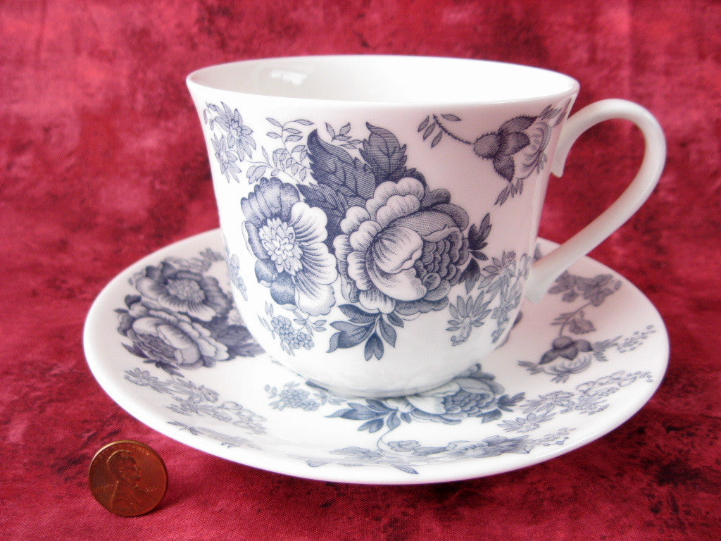 Blue Victorian Breakfast Size Roy Kirkham Cup and Saucer Set - English Bone China Tea Cup - Large Porcelain Tea Set for Afternoon Tea, Bridal Shower, and Vintage Home Decor