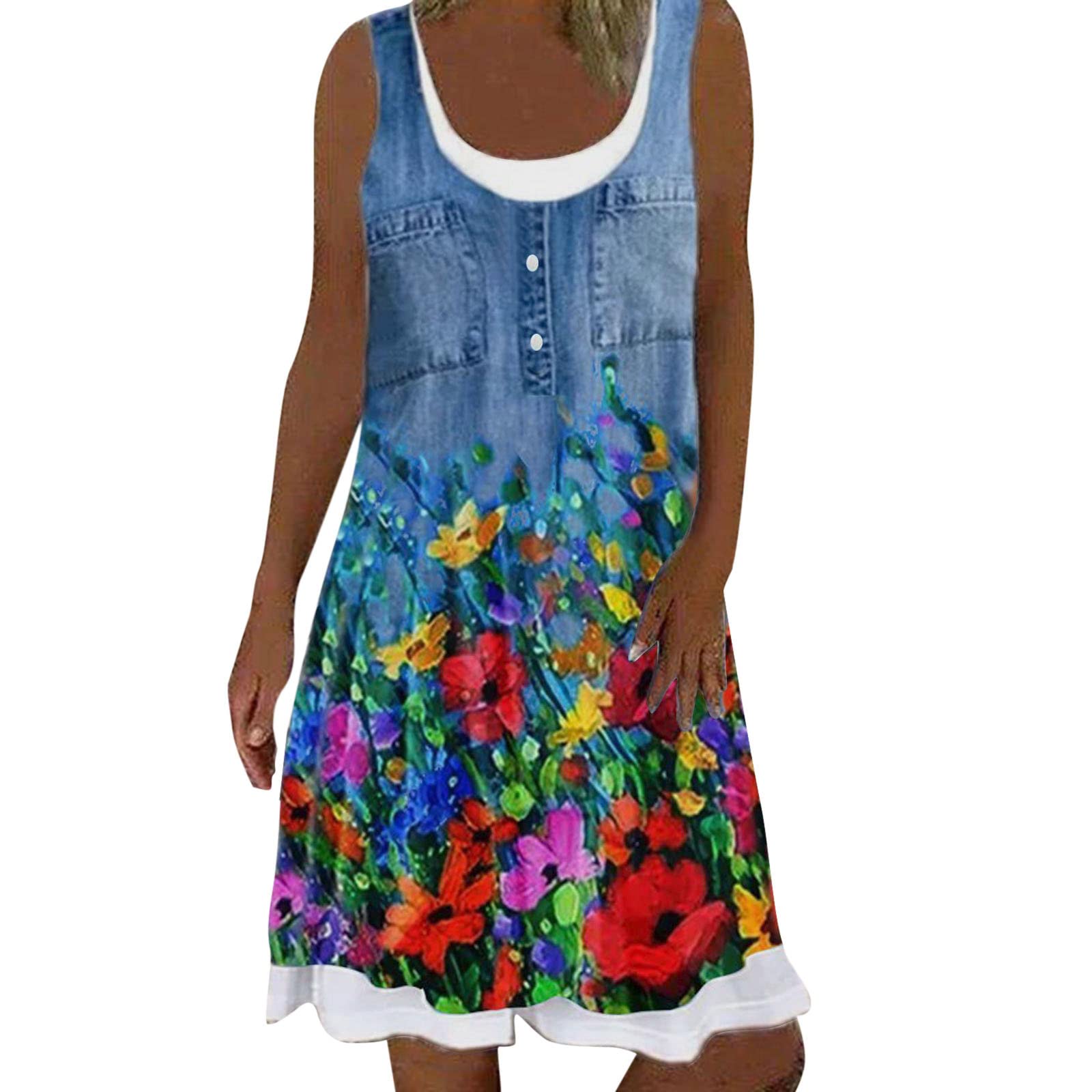 Women's Floral Print Sleeveless Casual Dress - Loose Fit Crew Neck Flowy Mini Dress, Fake Denim Beach Sundress for Summer Vacation, Pool Party & Outdoor Activities