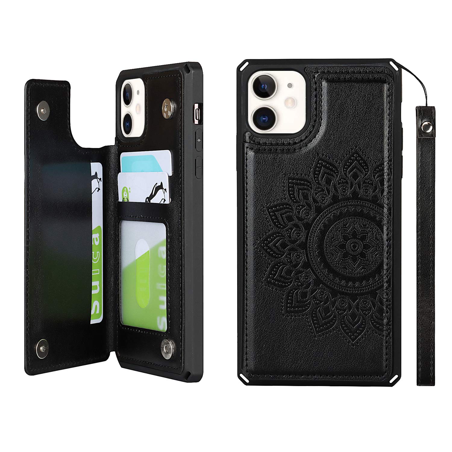 Premium Leather Wallet Case for iPhone 11 with Card Holder & Wrist Strap - Shockproof Protective Cover with Stand Feature (Black) | Perfect for Daily Commute, Travel & Hands-Free Convenience