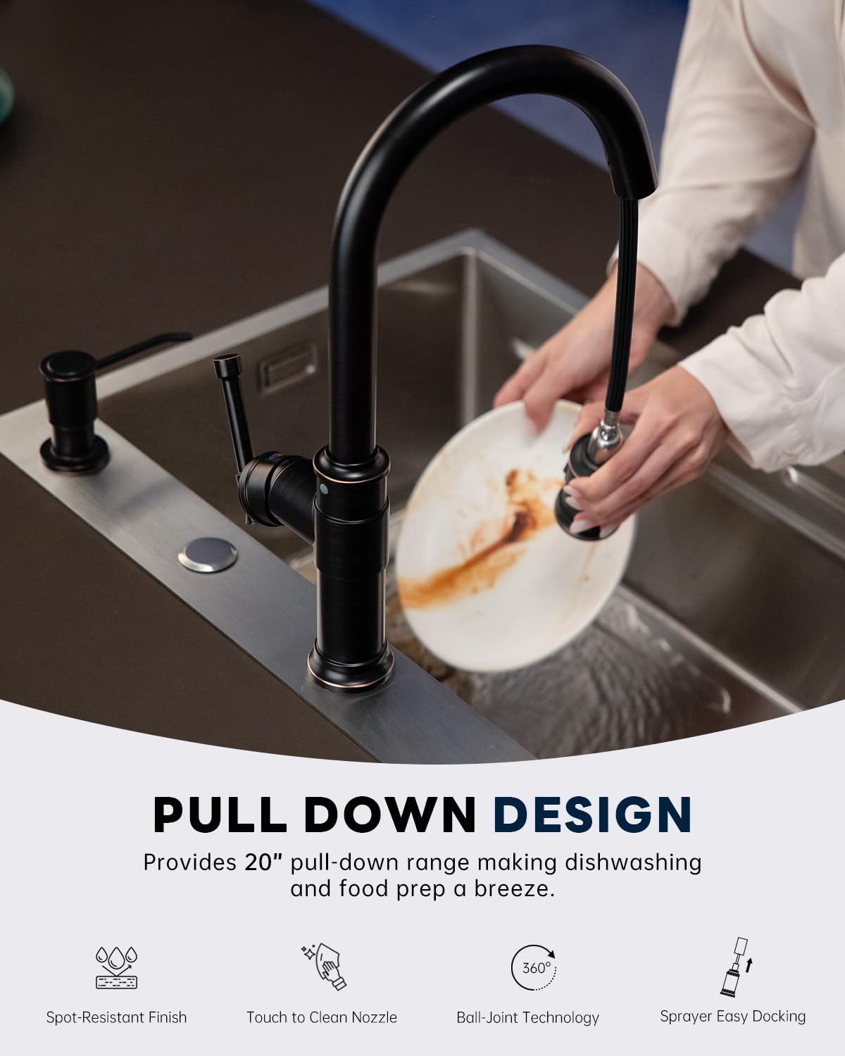 DAYONE Antique Oil Rubbed Bronze Pull Down Kitchen Faucet with Soap Dispenser - 3 Mode Sprayer, Single Handle High Arc Farmhouse Sink Faucet (DAY-APS136-ORB) - Perfect for Modern Farmhouse, Rustic, and Vintage Style Kitchens