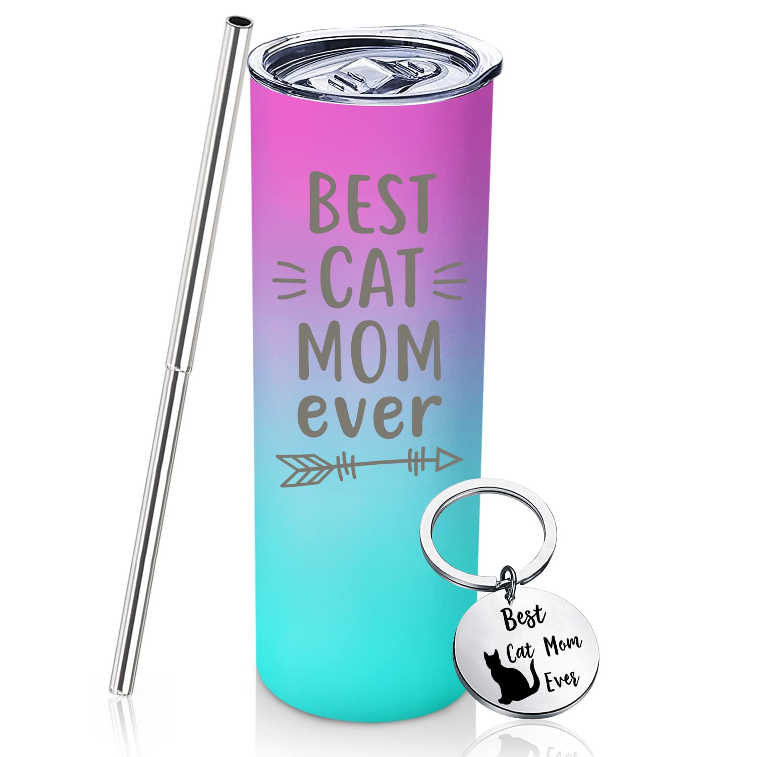 20oz Pink Gradient Wine Tumbler with Straw & Keychain - Perfect Cat Lover Gift for Women, Best Cat Mom Ever Present for Christmas, Birthday, Mother's Day - Ideal Travel Cup for Cat Ladies