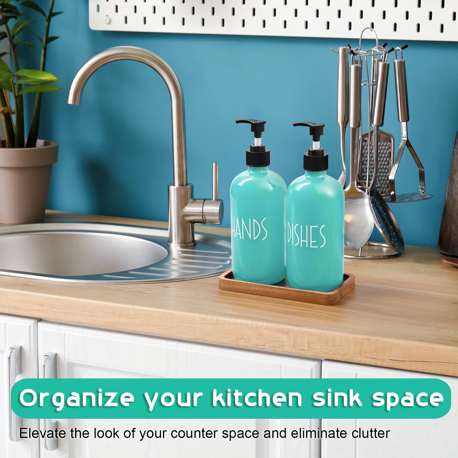 ALELION 16oz Glass Soap Dispenser with Pump & Acacia Wood Tray - Turquoise Kitchen Soap Dispenser Set for Hand & Dish Soap - Elegant Teal Home Decor for Bathroom, Kitchen Counter & Sink Area