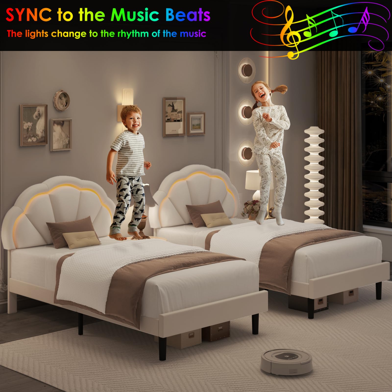 HIFIT Twin Upholstered Smart LED Bed Frame with Adjustable Chic Petal Headboard - Princess Twin Size Platform Bed for Kids & Girls - Wooden Slats Support - No Box Spring Needed - Easy Assembly - Beige - Perfect for Bedrooms, Dorm Rooms & Kids' Rooms