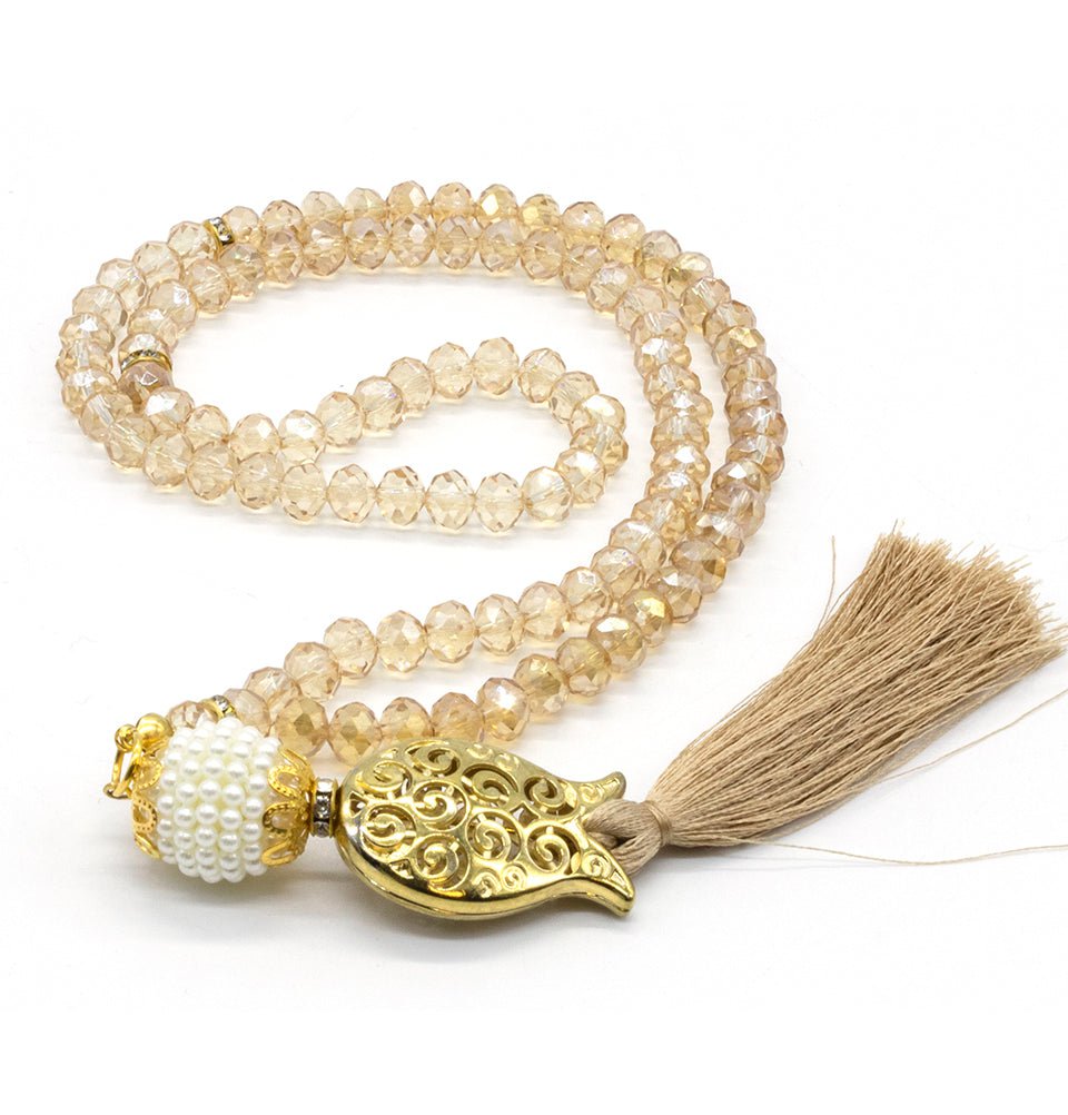 Islamic Tesbih - 99 Count Acrylic Crystal Cut Prayer Beads with Elegant Tulip Tassel in Light Beige | Perfect for Daily Dhikr, Meditation & Spiritual Reflection